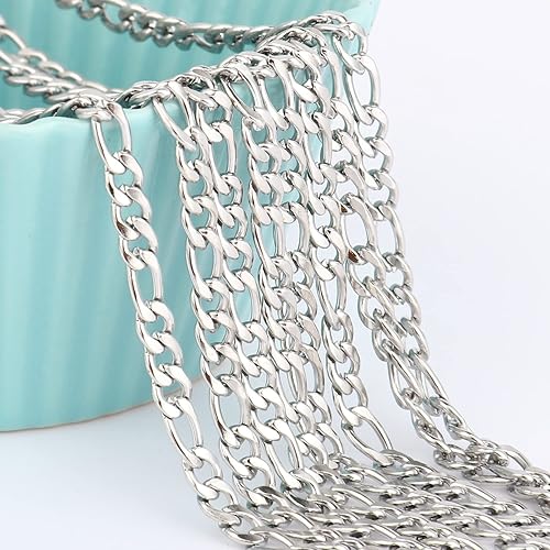 Miniatura 8 de 33 pies Cadena Figaro de acero inoxidable, 0.138 in de ancho 304 cadenas de eslabones de acero inoxidable rollo a granel para fabricación de joyas