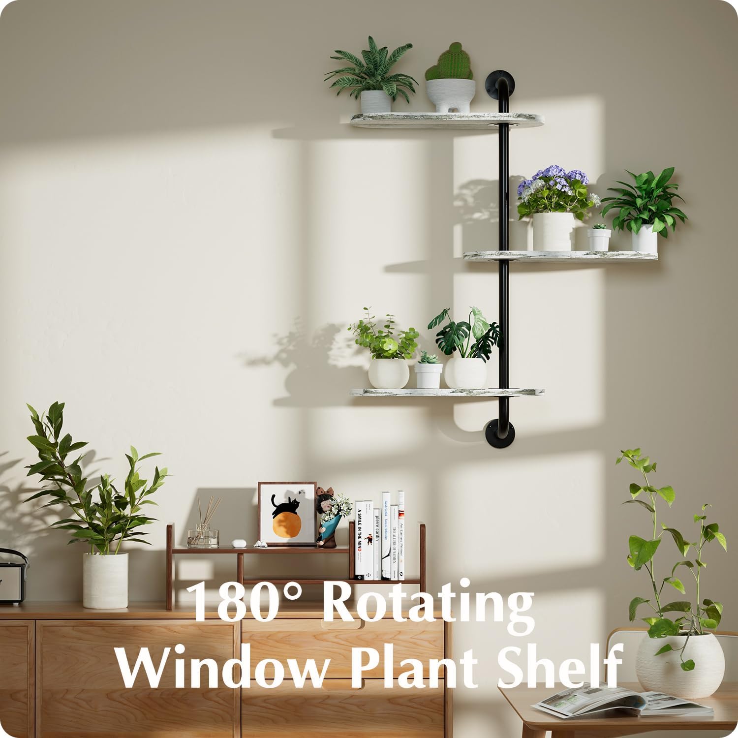 Rotating Window Plant Shelves 3-Tier, Wooden Window Shelf for Plants, Sill Space-Saving Corner Hanging Wall Stand for Multiple Plants, Indoor Home Decor, White