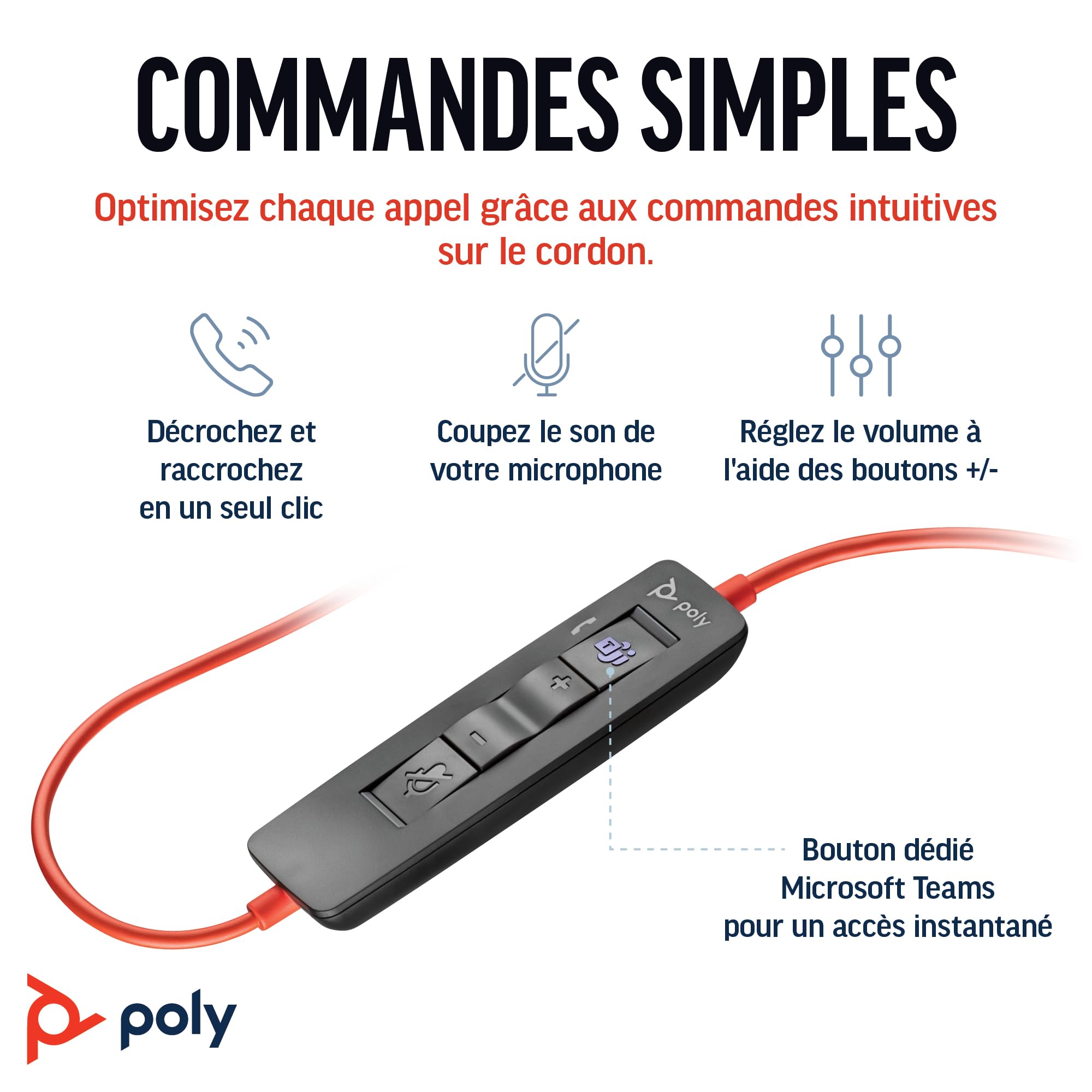 Micro-casque filaire Poly Blackwire 3320 – Perche de microphone flexible – Stéréo hi-fi - Connexion à un PC/Mac via USB-C ou USB-A - Certifié pour Microsoft Teams