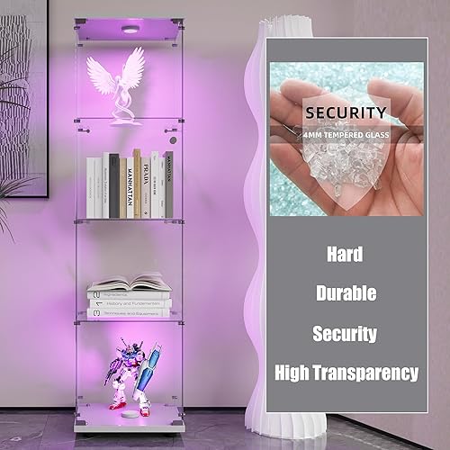 Miniatura 120 de Vitrina de cristal con 4 estantes con tira de luces LED y cerradura, vitrina de vitrina con ruedas y 1 puerta, vitrina de vidrio templado para sala