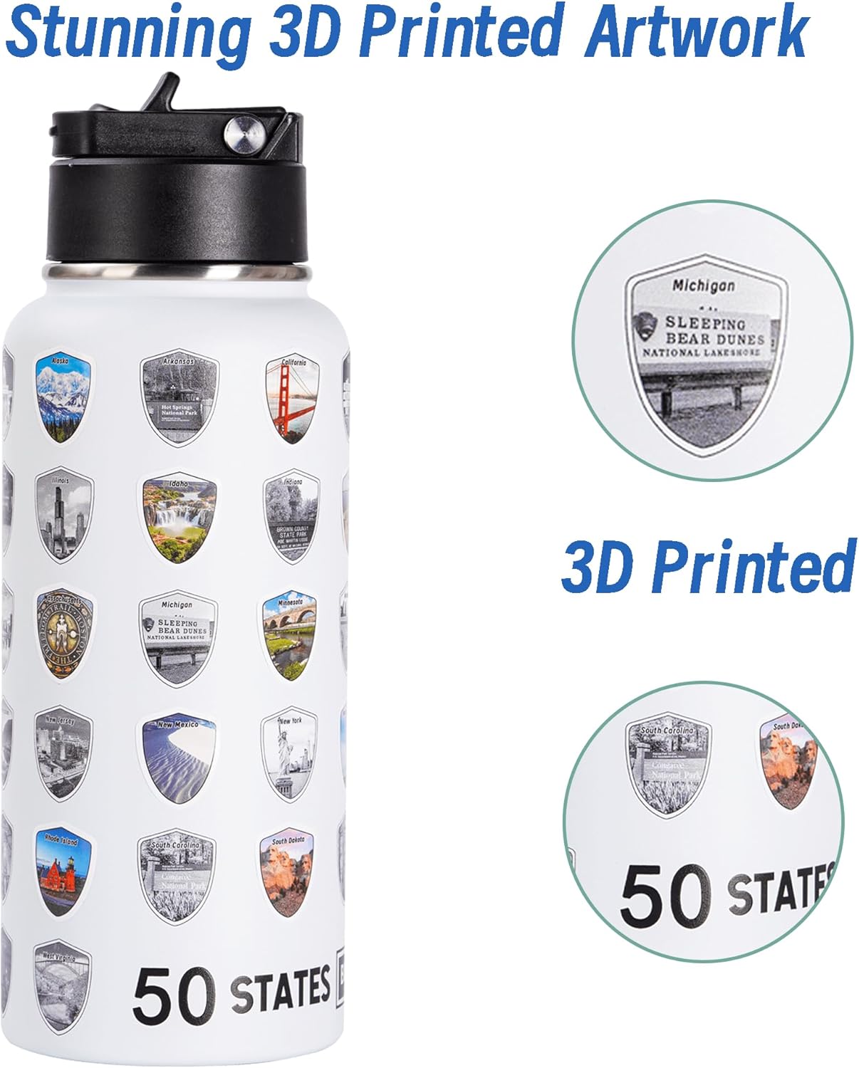 50 States Water Bottle with Stickers, National Parks Water Bottle, Stainless Steel Insulated Bottles with Straw,3D Printed,32 oz,Double Stickers, Gifts for Men,White - Image 5