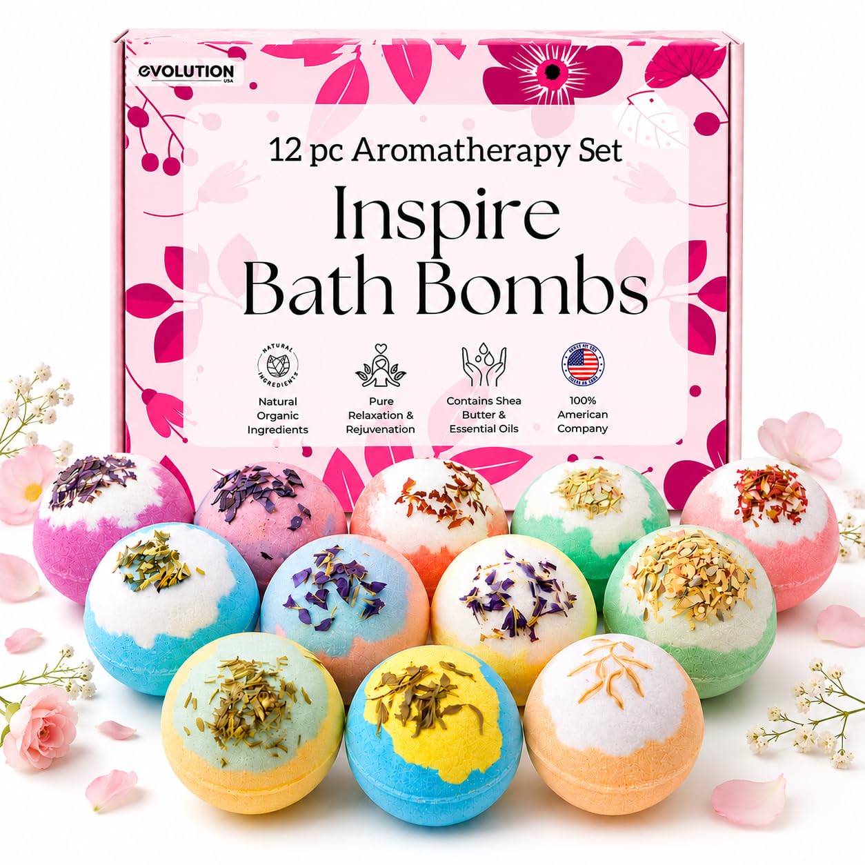 EvolutionUSA 12 Inspire Badekugeln für Frauen & Mädchen - Badebomben mit Blumenspitze Mädchen, lustige Badebomben Set, Bio Badekugel Luxus-Geschenk für Muttertag, Geburtstag, Weihnachten, Ostern oder