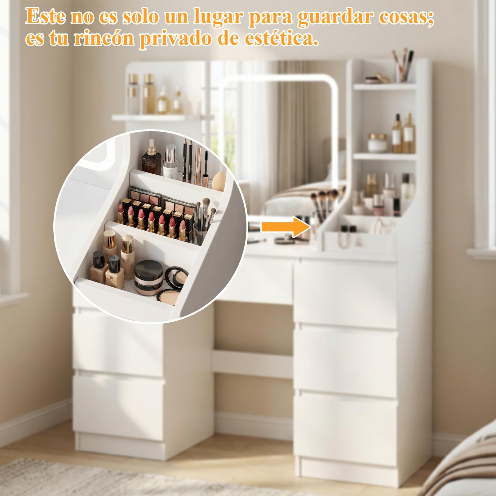TRIUMPHKEY Tocador de Maquillaje Grande con Luces Led Regulables y Espejo, con 4 Estantes 7 Cajones 3 Compartimentos Abiertos, 110 x 40 cm Blanco