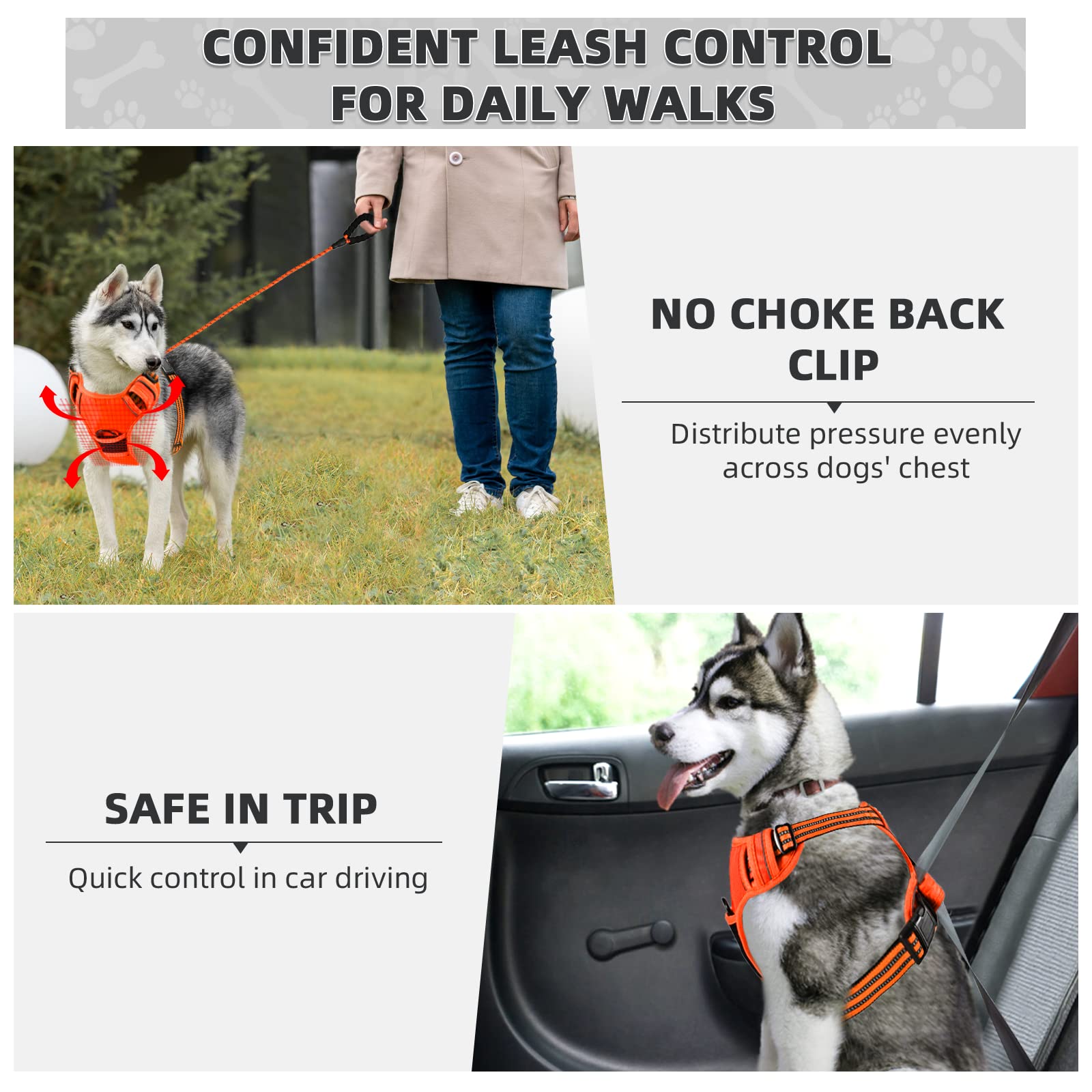 Juqiboom Harnais + Laisse Pour Chien Orange Taille M - Rembourré, Réglable, Bandes Réfléchissantes - Anti-traction