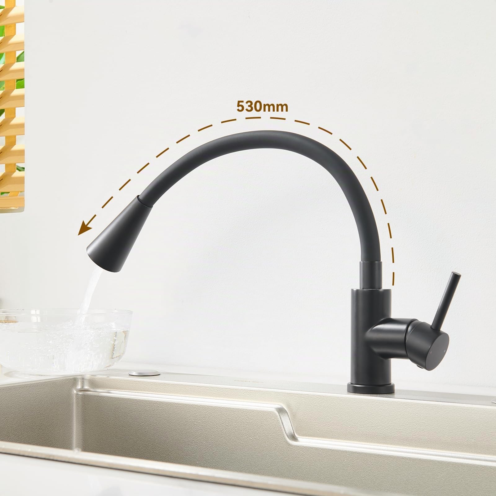 Robinet Cuisine Noir, Mitigeur Cuisine avec Bec Flexible 4 Modes de Réglage, Robinetterie Evier Pivotant à 360° en Acier Inoxydable, Froid & Chaud Disponible