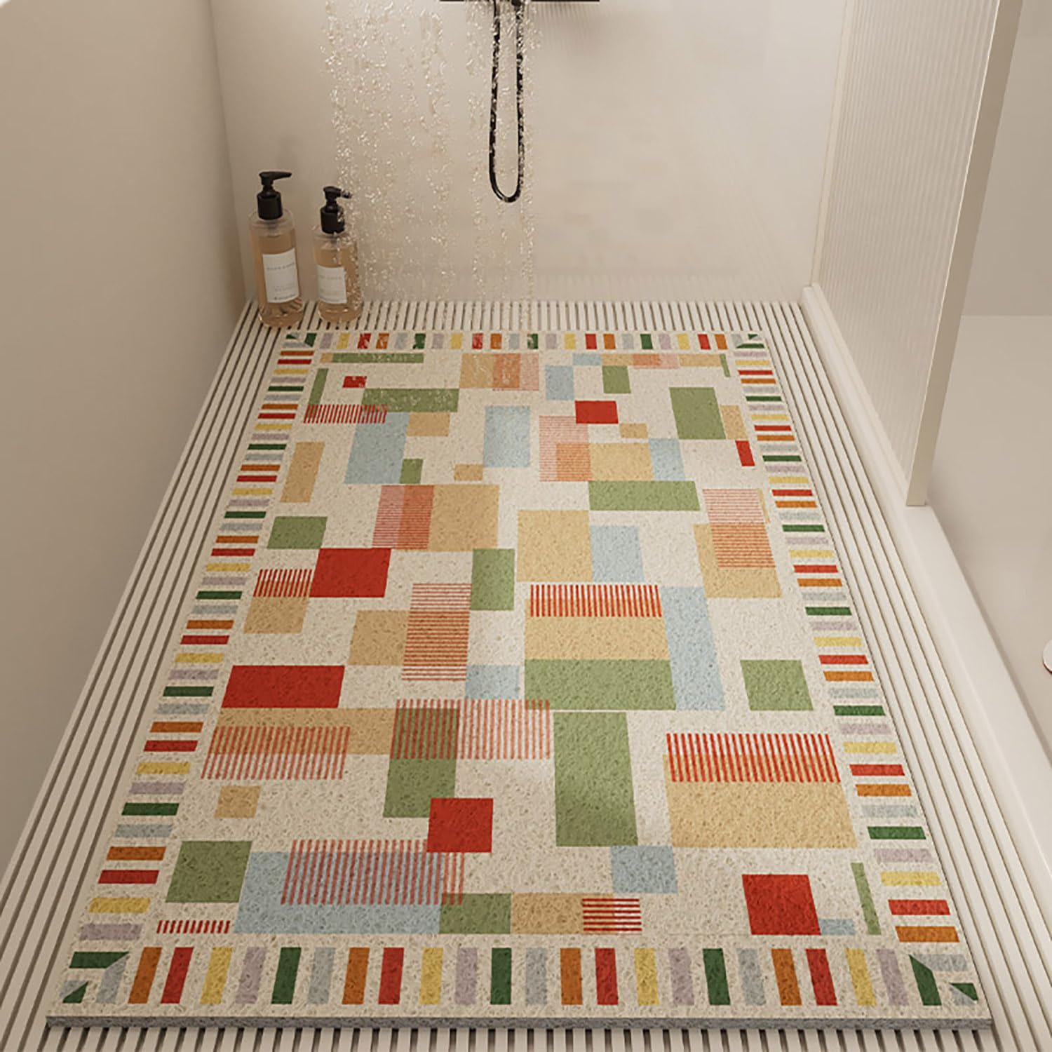 Tappetino Doccia Antiscivolo 80x90cm,Tappeto Doccia in Luffa,Tappeto Bagno Senza Ventose,Tappetino Vasca con Fori di Drenaggio,Motivo Geometrico B