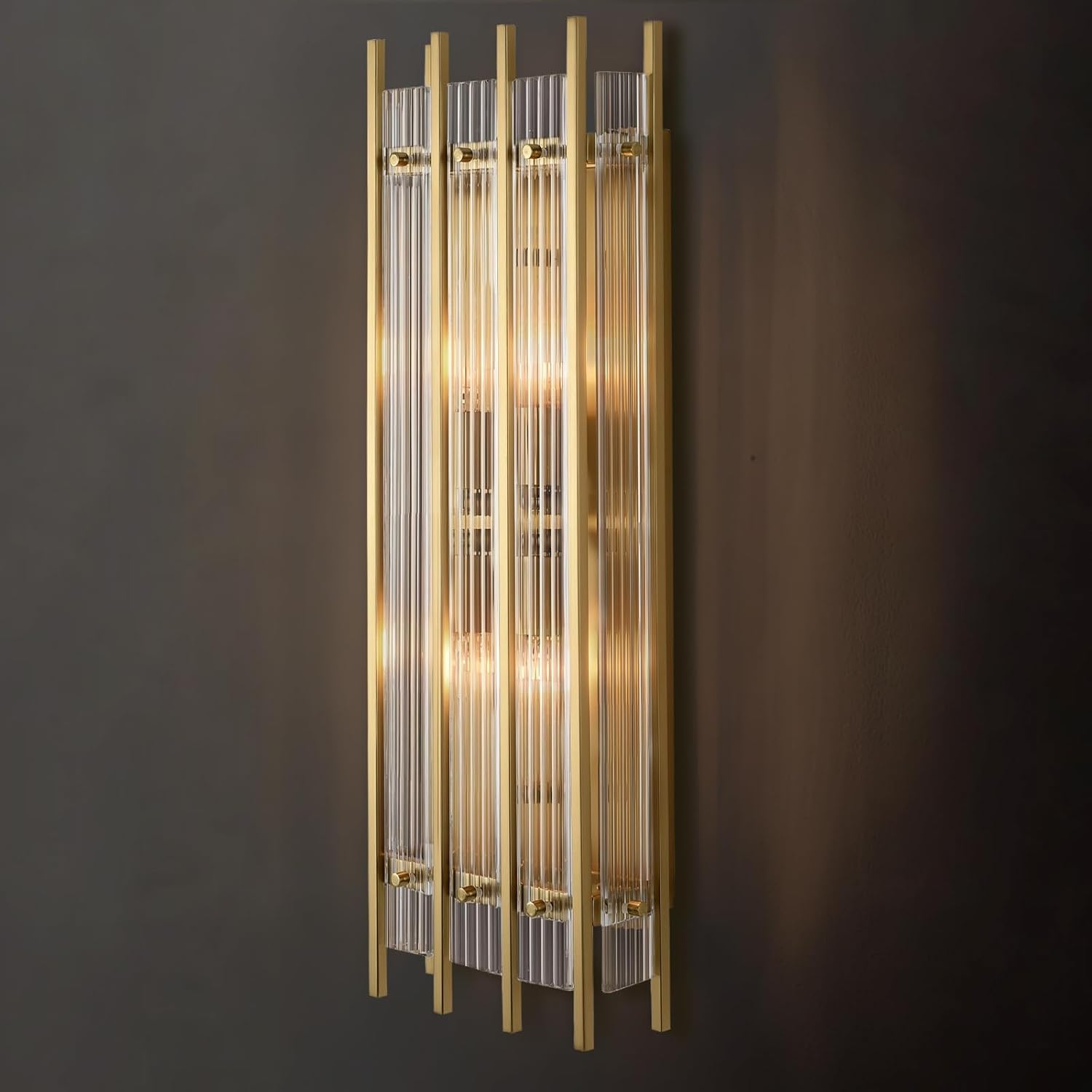 Modern Brass Wall Sconce,25in Grand Rectangular Ribbed Glass Wall Sconces,Indoor Hardwired Gold Wall Sconces for Large Spaces,for Living Room,Hallway,Stairway Sconces Wall Lighting,Included E12 Bulbs