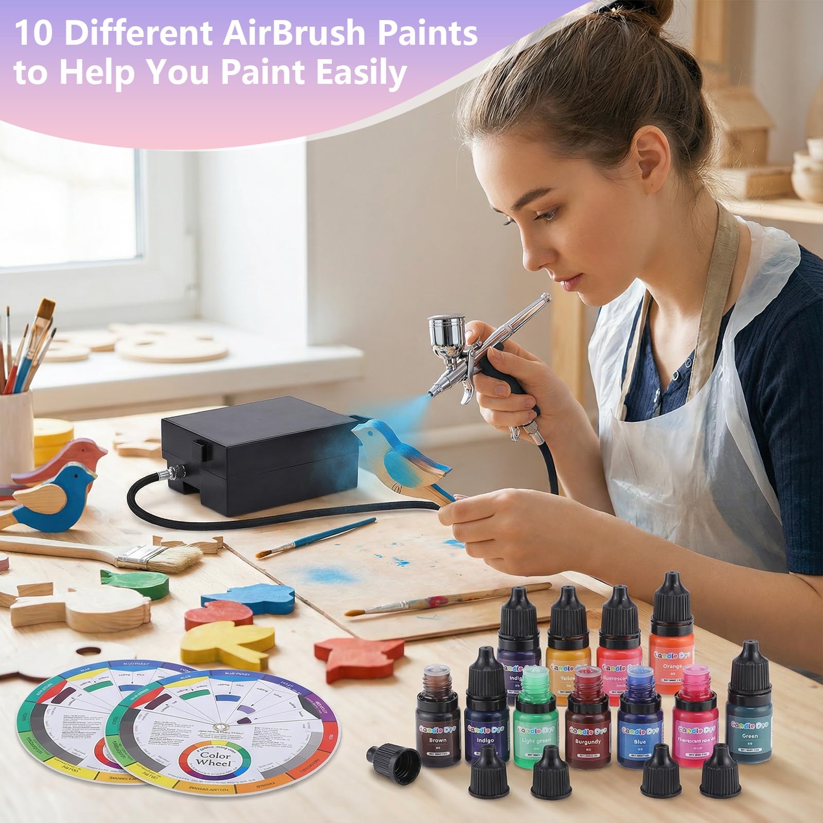 Kit aérographe 45PSI avec compresseur d'air, kit aérographe portable avec 10 peintures aérographe et 3 buses à dégagement rapide, kit d'aérographe à double action pour nail art, peinture
