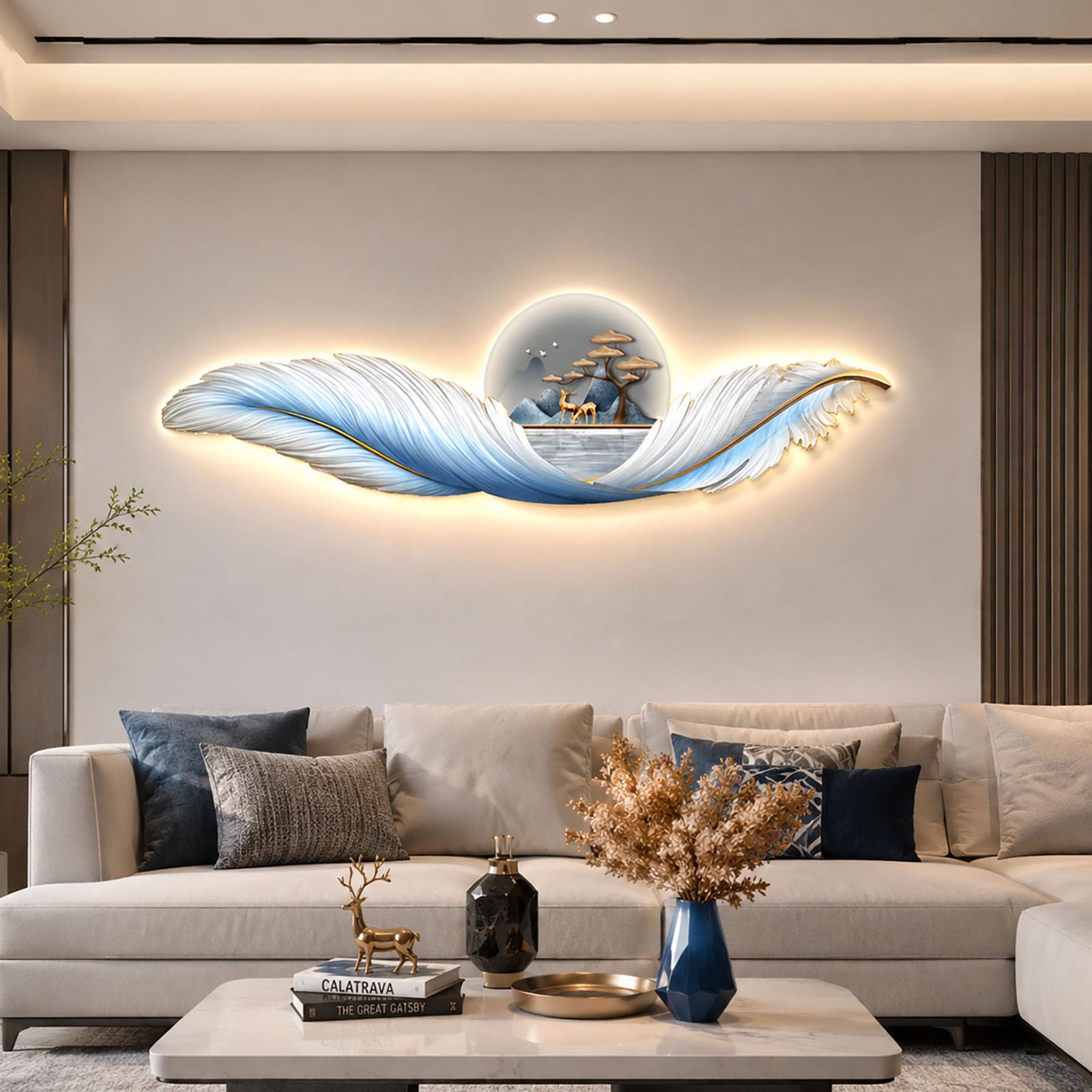 JSLXNDM 3D LED Wall Art Sculpture Lighted Decor, Modern Wall Art Feather & Deer Painting, Decorative Backlit Wall Hanging for Living Room, Bedroom Entryway Hallway B 47.2" × 15.7" (120×40 cm)