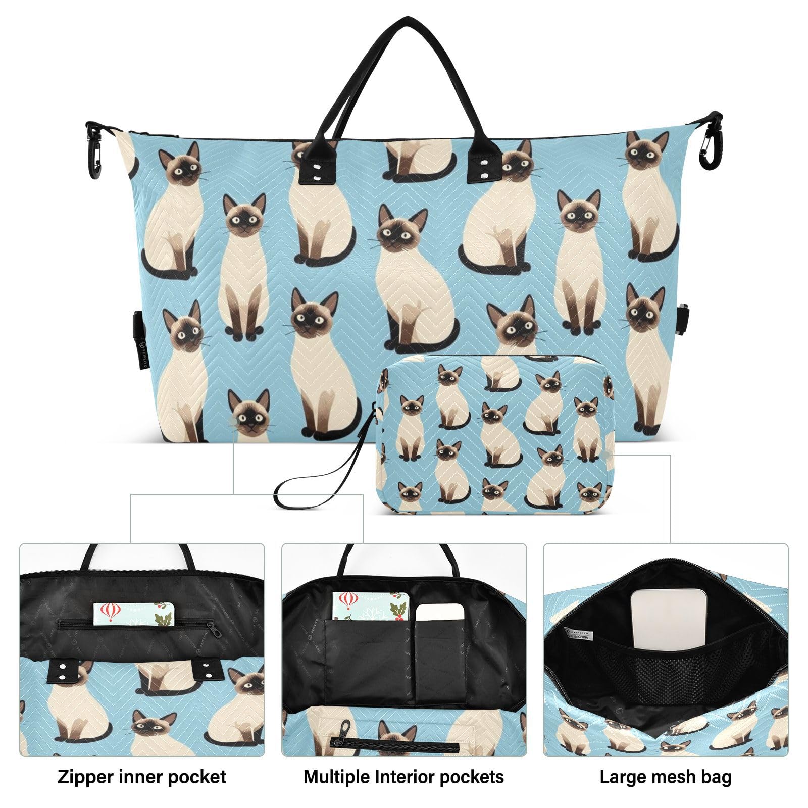 Reisetaschen-Set, zweiteilig, kombiniert, gewellt, gesteppt, Trolleyhülle, geräumiges Fitnessstudio, Siamesische Streifen, One Size, Klassisch