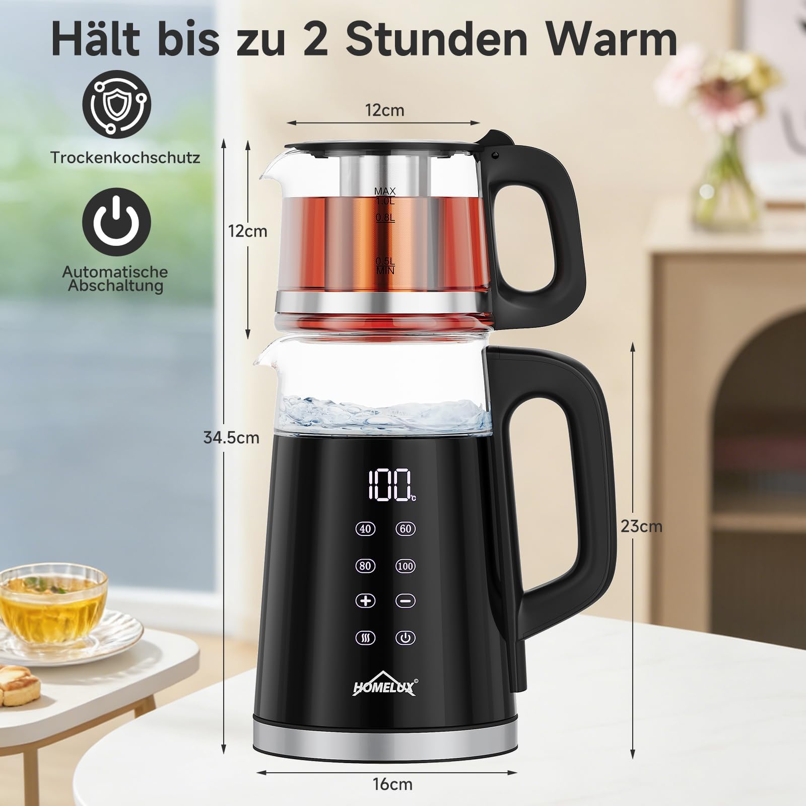 Szklany czajnik elektryczny 2200 W, 1,7 l + 1 l, dzbanek do herbaty z funkcją utrzymania ciepła i lejkiem do herbaty, czajnik z podstawą 360°, bez BPA, ochrona przed pracą na sucho, automatyczne