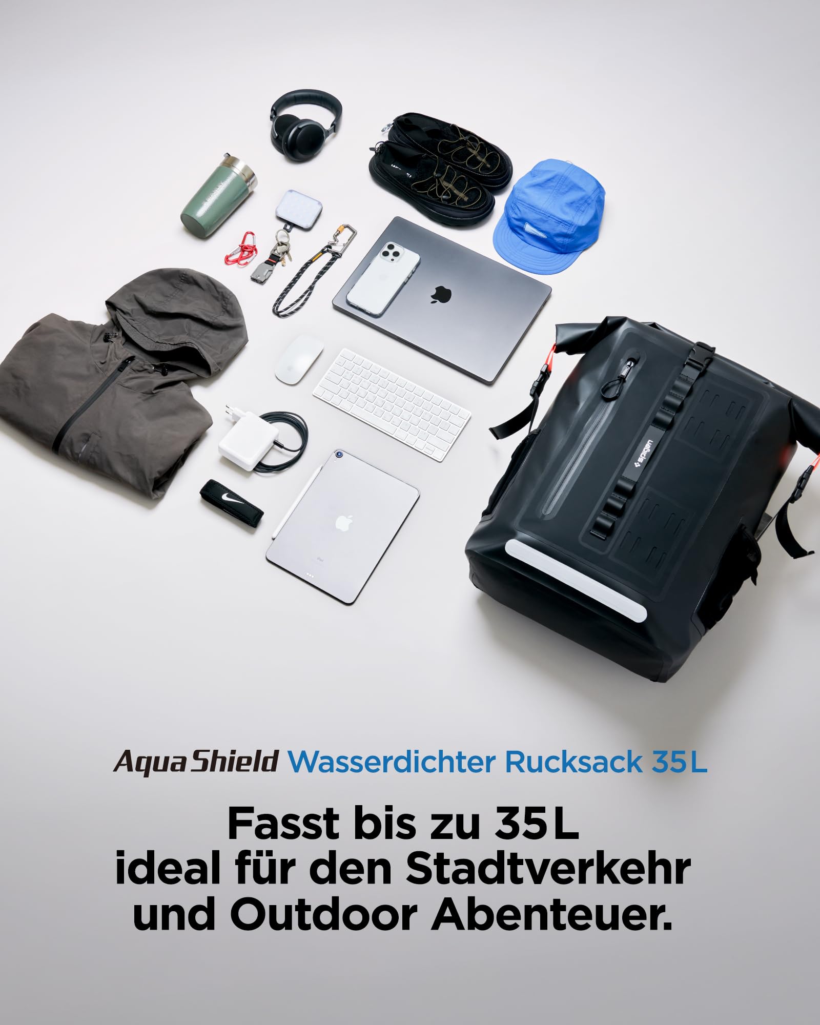 Spigen Wasserdichter Rucksack Rolltop für Damen Herren [Aquashield] Laptoprucksack bis 16", IPX6 Schutzklasse, Belüftetes Rückenteil, Wasserfester Daypack für Reisen, Outdoor & Camping – Schwarz