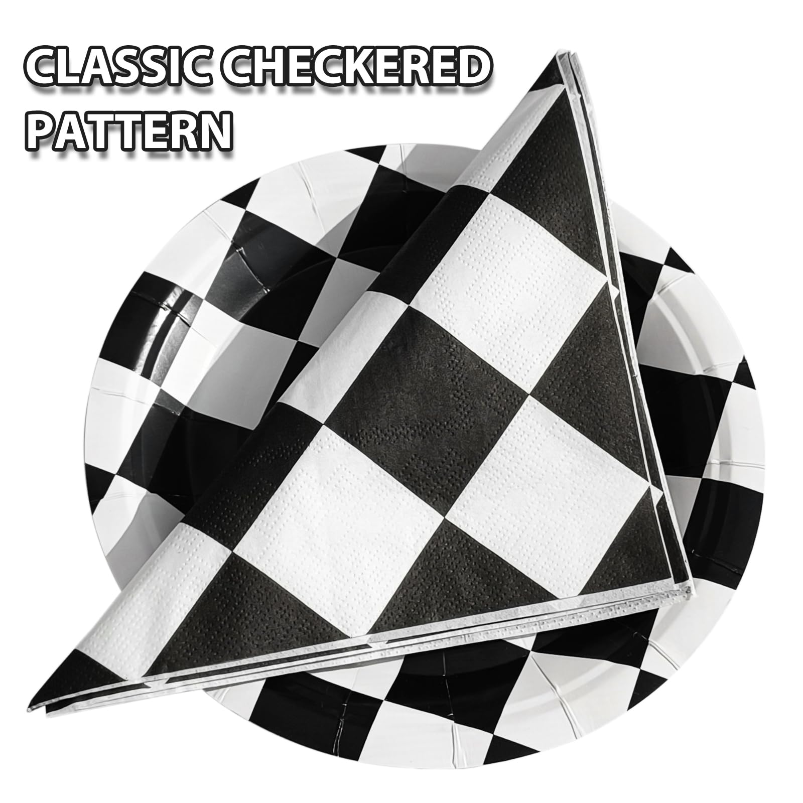 Racing Car Party Decorations Paper Checkered Plates and Napkins Race Themed Plates Checkered Flag Napkins Disposable Black & White Checkeredd Tableware Set of 40