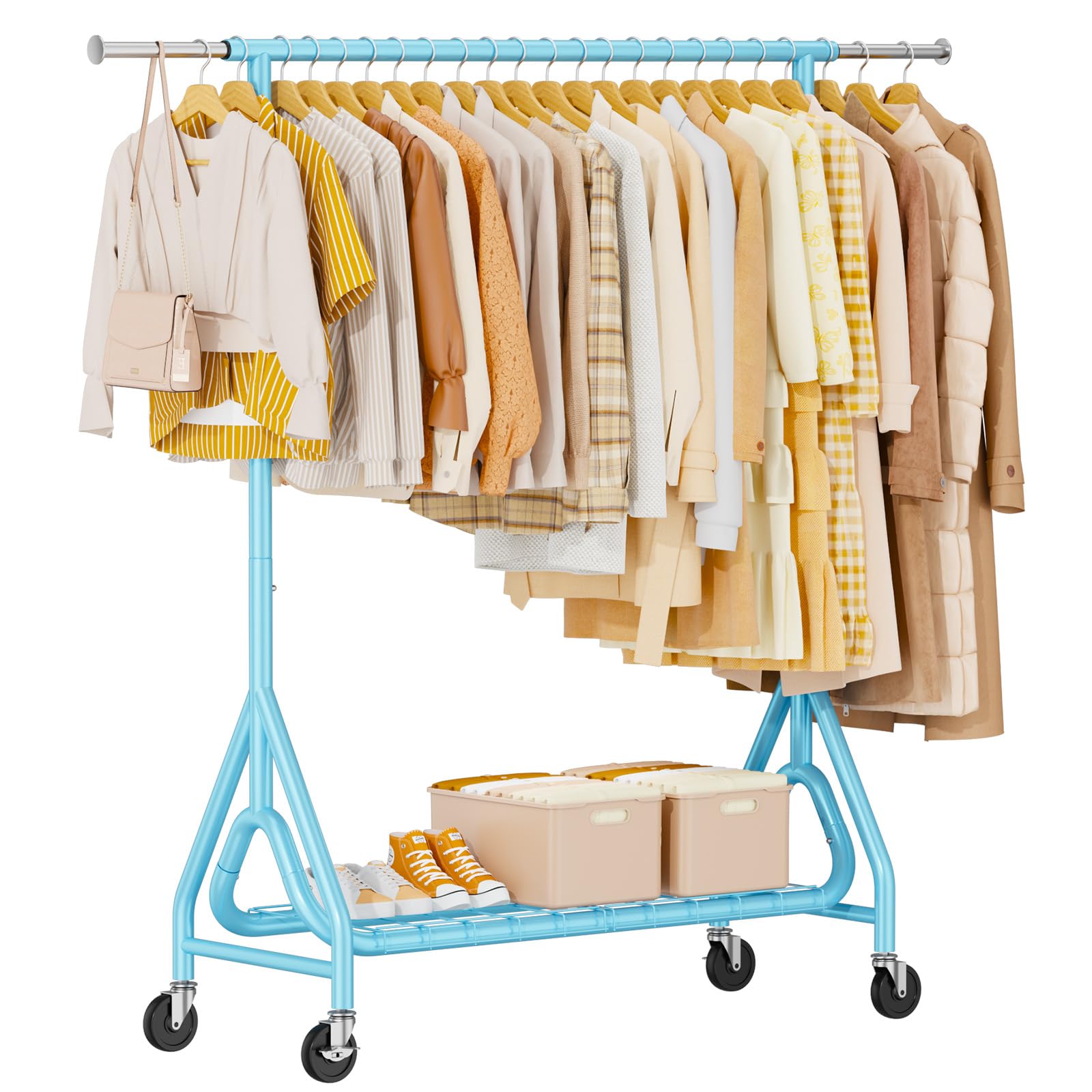 Heavy Duty Clothing Rack, Metal Clothes Rack Load 450 LBS, Rolling Coat Racks for Hanging Clothes with Lockable Wheels, Wardrobe Closet Garment Racks for Bedroom, Sky Blue