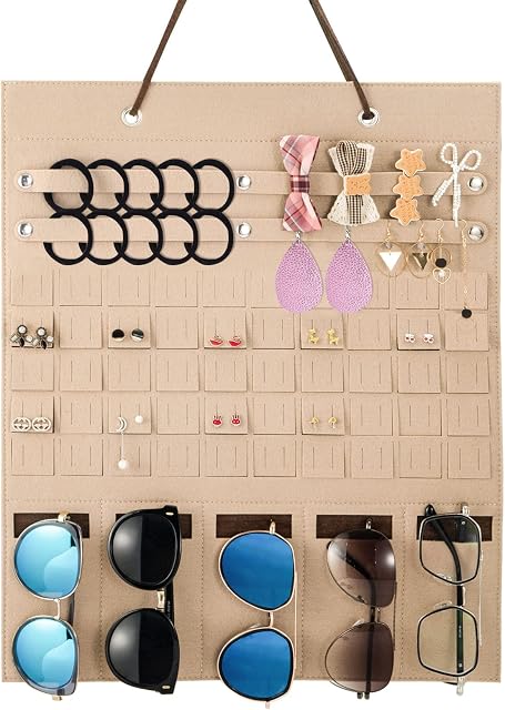 Hanging Jewelry Display Organizer Felt Sunglasses Storage Organizer Foldable Wall Hanging Organiser for Jewelry Earrings Rings Bracelets Necklaces Hair Accessories (40 x 50cm)
