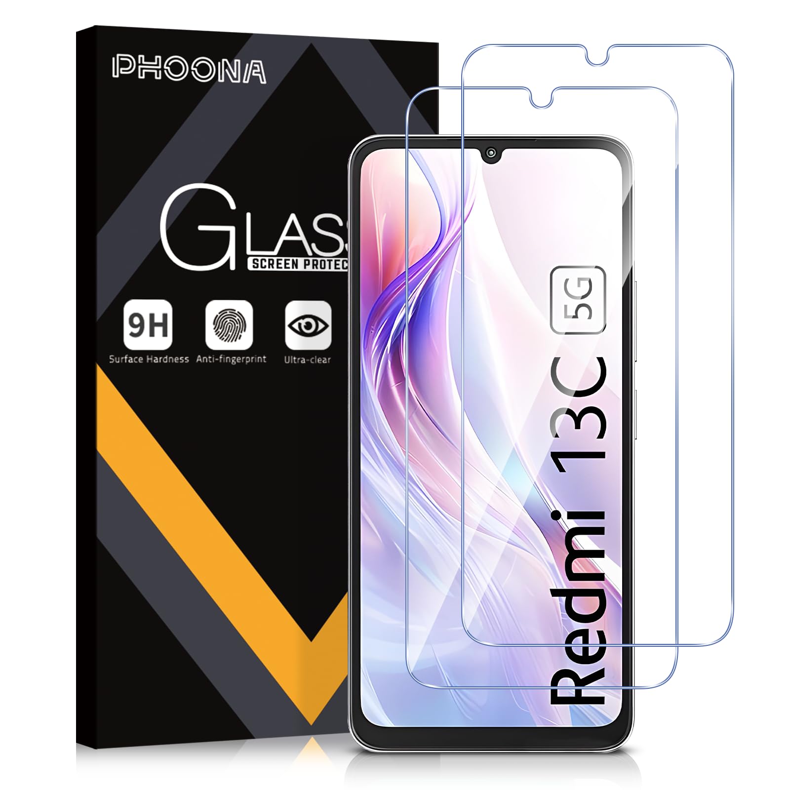 Phoona Vetro Temperato per Xiaomi Redmi 13C 4G/5G, 2 Pezzi Pellicola Protettiva per Redmi 13C, Durezza 9H, Anti Graffio, Anti-Impronte, Senza Bolle(6,74 pollici)