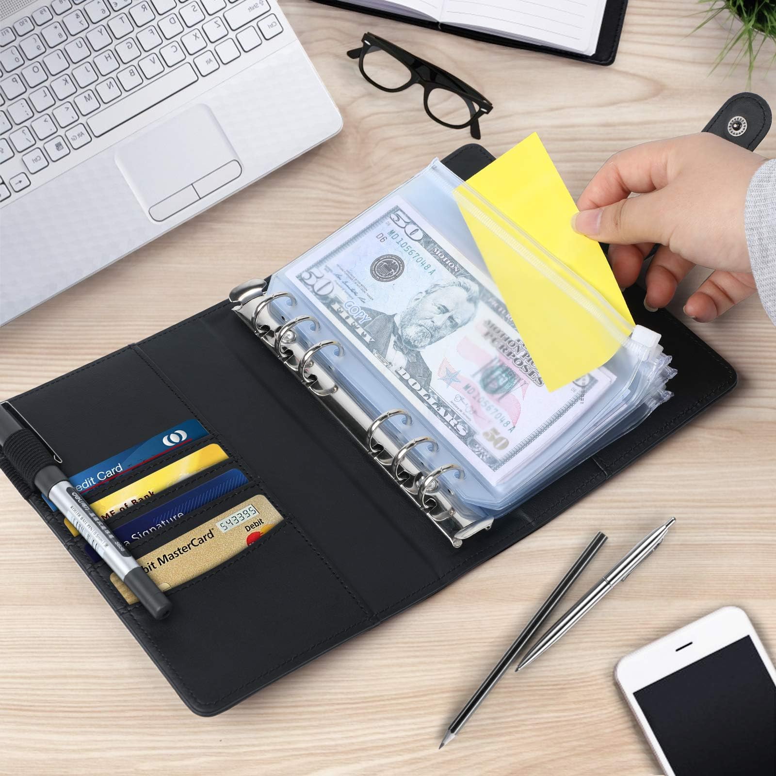 Newtion - Raccoglitore formato A6 e 12 buste trasparenti in PVC, con buste per contanti per budgeting, mini tasche per raccoglitore, buste per budget e budget