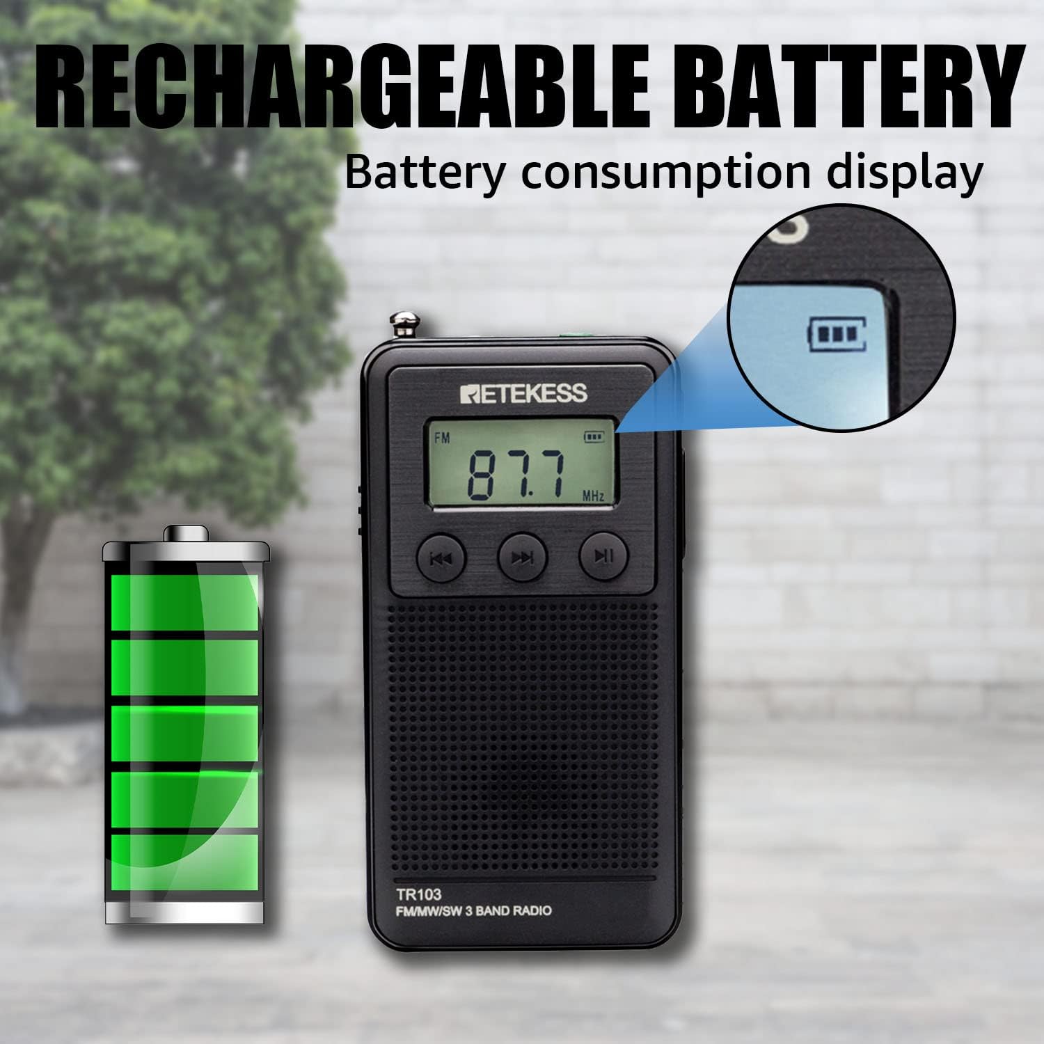 Retekess TR103 radio displaying battery consumption and a full battery icon