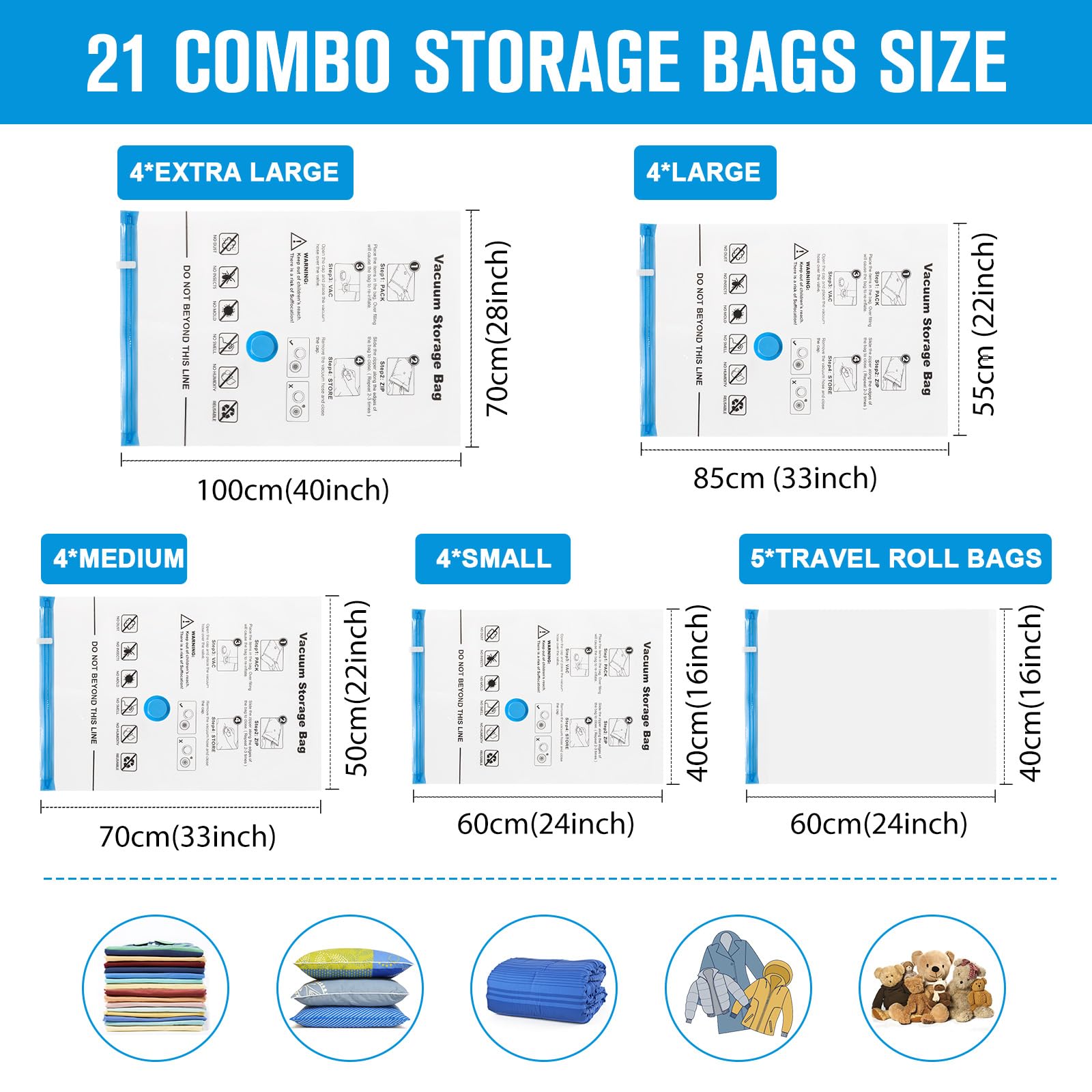 BoxLegend Lot De 21 Sac Sous Vide Vetement Aspirateur, Housse de Rangement Sous Vide Vetements 4XL+4L+4M+4S+5 Roulé à la Main Sacs à Vide Convient Pour Voyages Literie édredons Couette Rangement