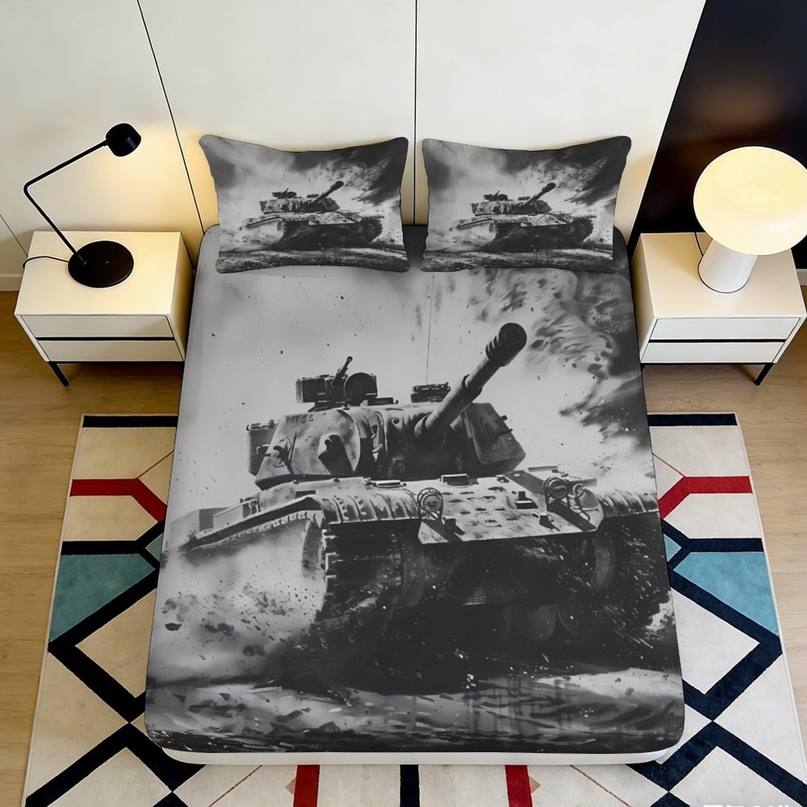 3D Printed Battle Tank Fitted Sheet Microfiber Soft Durable Explosion Scene Mattress Cover for Bedroom Dorm Room Decor 90x200x25cm