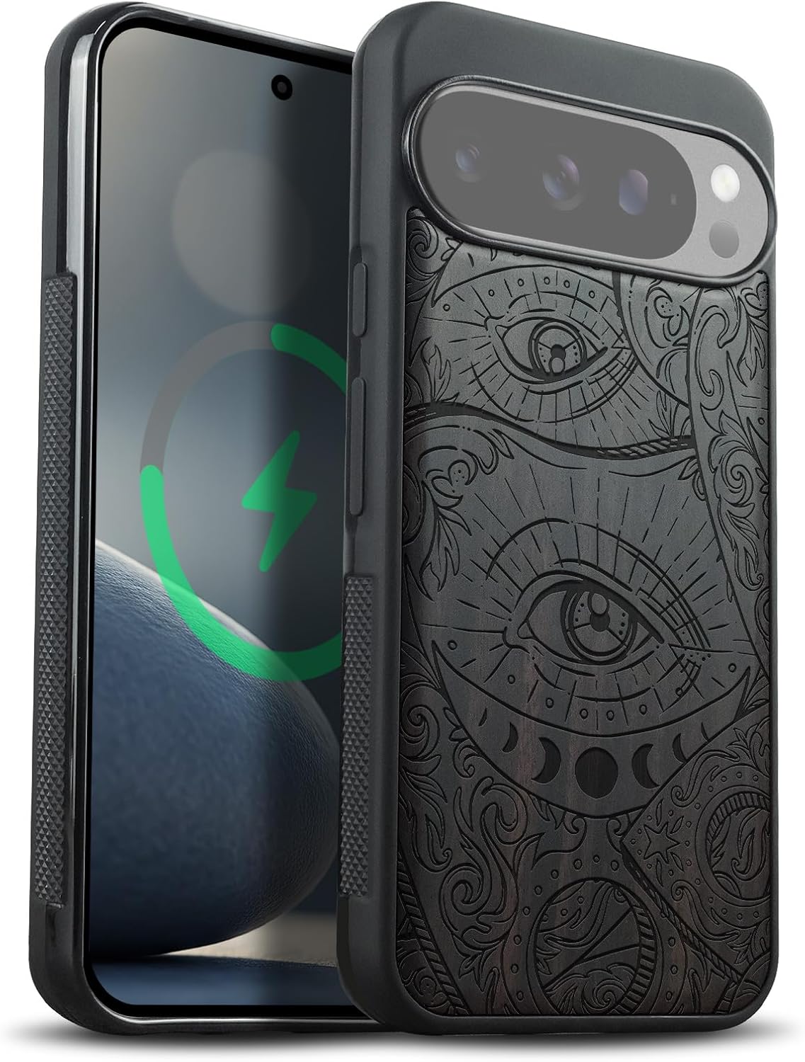 Carveit Magnetic Wooden Case for Google Pixel 10 Pro XL Case, Wood Artisan Engraved & Soft TPU Shockproof Cover, Compatible with MagSafe Wireless Chargers (Esoteric Cosmic Eye) Blackwood