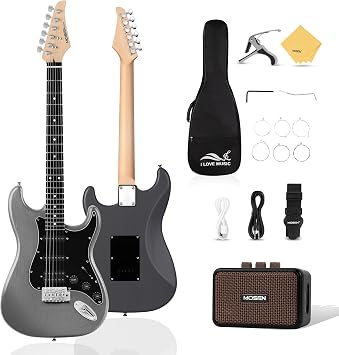 MOSEN 39" Electric Guitar Kit, Complete Beginner Starter Set with Amp & HSS Pickups, All Accessories Included, Ideal Gift for Music Lovers, Home Practice Ready Grey&Black