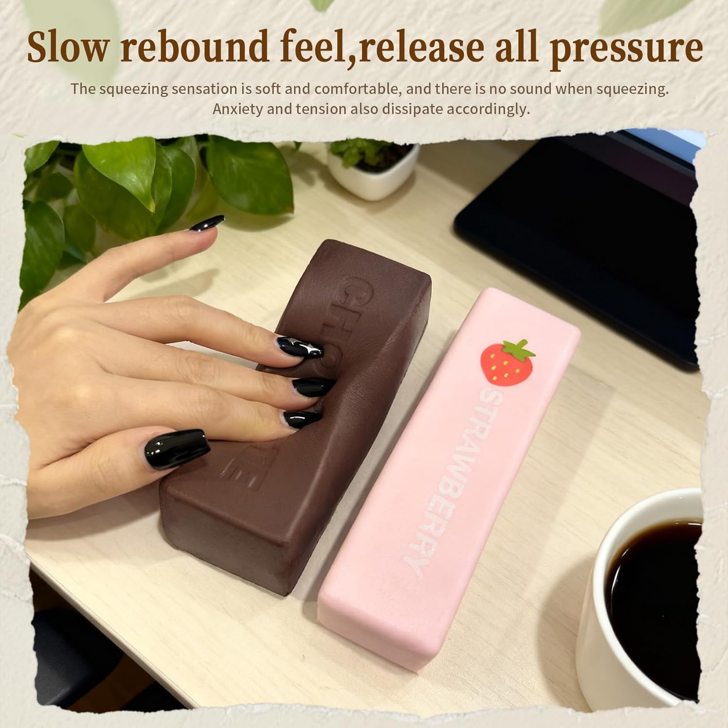 2 Pack Squishy Fidget Blocks - Strawberry & Chocolate Slow Rising Squeeze Foam for Stress Relief - Calming Desk Accessory and Focus Aid for Adults, Office & Study