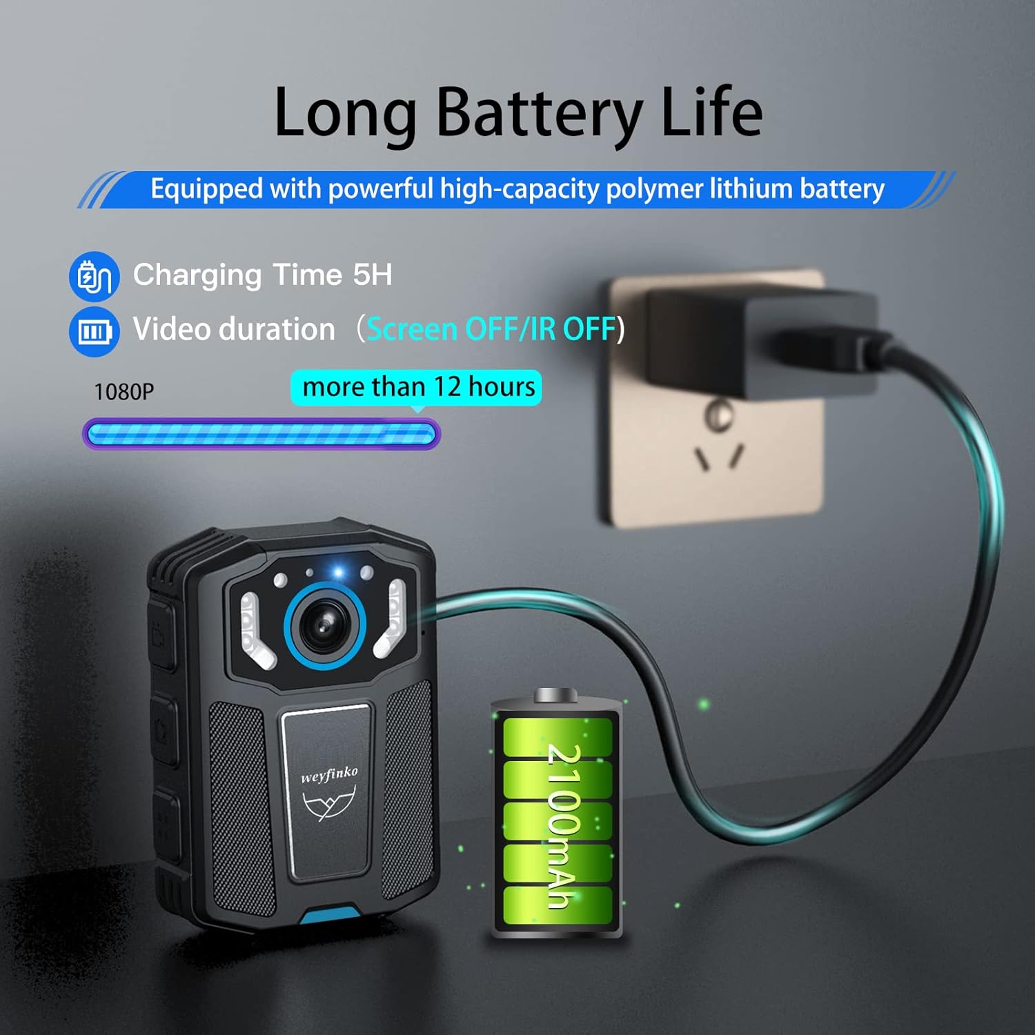 Illustration of the Weyfinko W1 Body Worn Camera charging and its long battery life