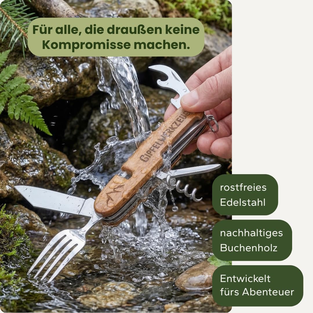 Gipfelgaudi All-in-One Camping Besteck: ideal zum Wandern, Picknick & mehr I Plastikfreies Besteck To Go aus rostfreiem Edelstahl & Holz