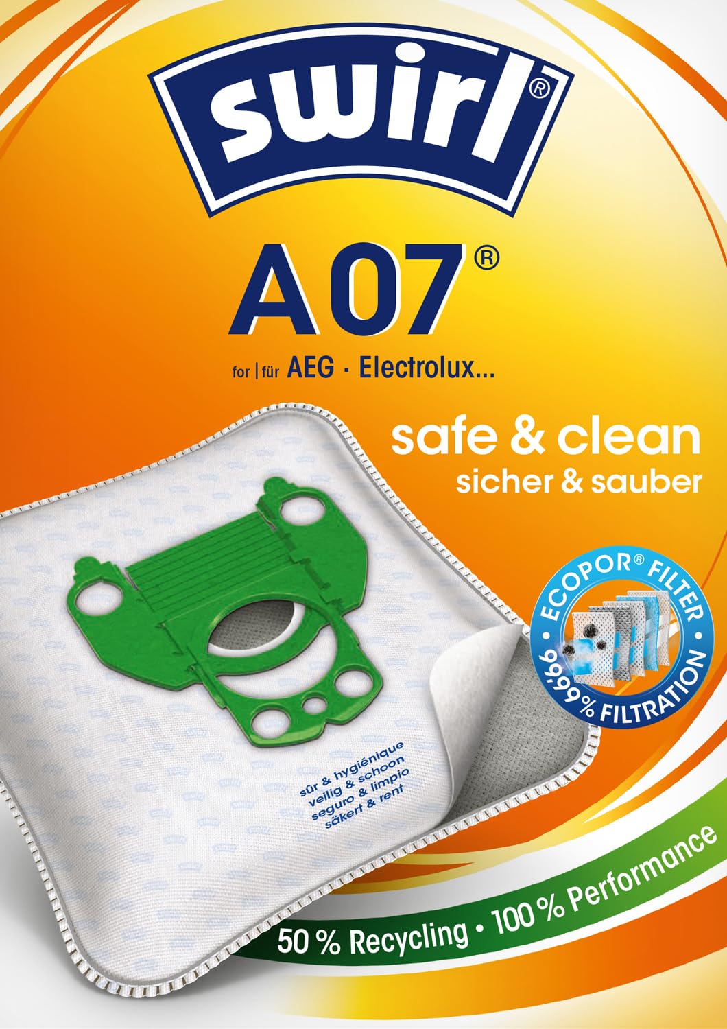 Swirl A 07 EcoPor Staubsaugerbeutel(10 Beutel)reißfeste Staubbeutel für einige AEG&Electrolux Staubsauger,Vorteilspack,im umweltfreundlichen Umkarton,99,9% Filterung von Hausstaub&allergenem Feinstaub