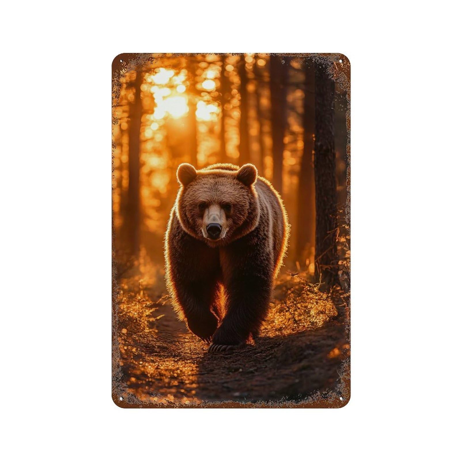 Bear Walking through Sunlit Forest Vintage Metal Tin Sign 11.8"x7.9", Farmhouse Wall Decor for Garage, Bar And Workshop Decor