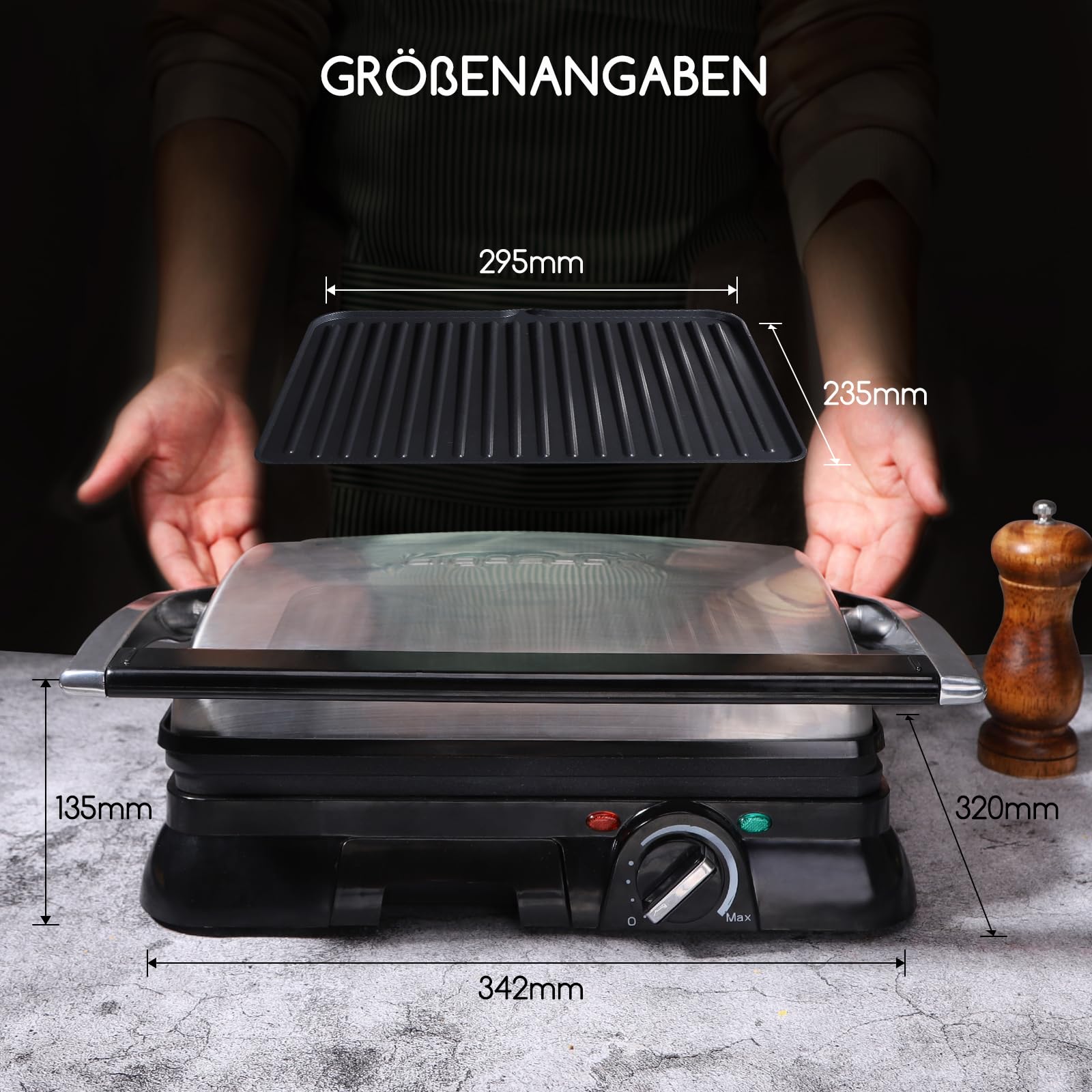 Aigostar Kontaktgrill 2000W | Temperaturkontrolle | 29,5 x 23,5 cm | 180° klappbar als Tischgrill | Antihaftbeschichtung | Fettauffangschale | Panini Grill für Steaks, Burger & Gemüse | Samson