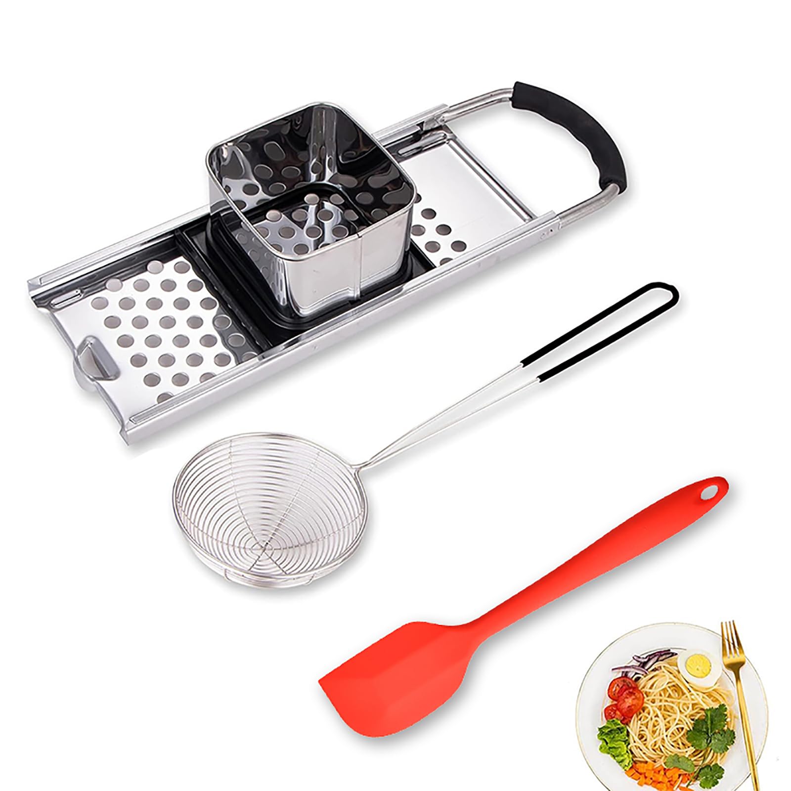 Mlesi Premium Stainless Steel Spaetzle Maker Widen Plastic Handle with Skimmer Spider Strainer & Spatula Homemade Egg Noodle Dumpling Perfect for pot Making Tool (Spaetzle Maker + Strainer + Spatula) — image 1
