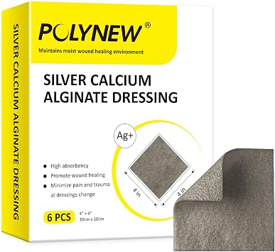 Silver Calcium Alginate Dressing, 4x4-6 Individual Package Highly Absorbent, Non-Adhesive, Painless Removal Ag Alginate Wound Bandage for Burns, Ulcers, Abrasions, Pressure Sore