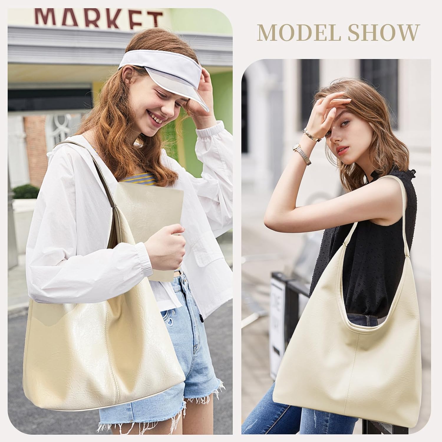 Leather Hobo Bags for Women Slouchy Tote Bag Retro PU Leather Purse Soft Shoulder Handbags Large Work Tote Bag 2pcs - Image 7