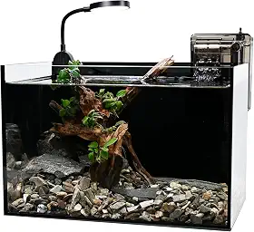 Kit de aquário Nano Nature, aquário de mesa de vidro transparente com filtro de cachoeira e luz para iniciantes e crianças manterem peixes Betta, peixes dourados, camarões e plantas aquáticas (preto