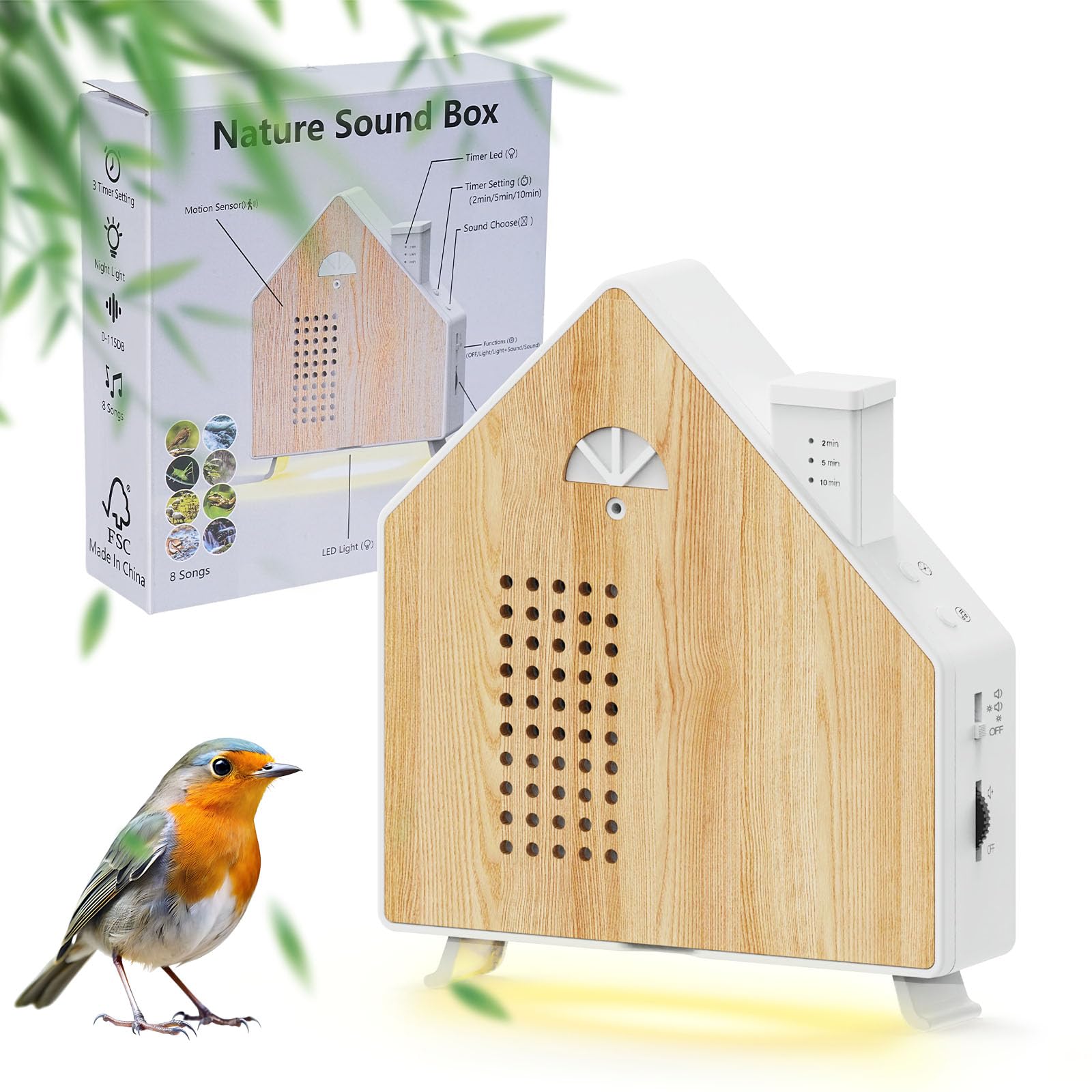 Sound Box Naturale, Canto Uccelli Musicale con Sensore di Movimento,Luci Notturna, 8 Branzi Relax, Regolazione Volume 0-115dB, 3 Timer Impostazioni, Creare SPA Forestale in Casa