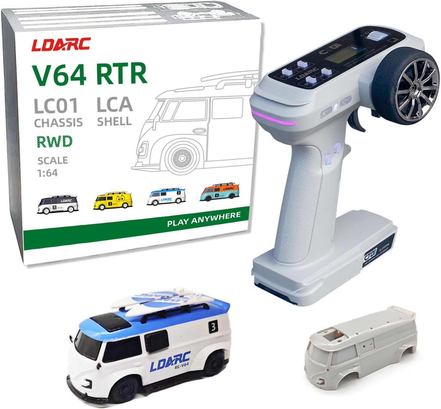 LDARC 1:64 Scale Mini RC Sports Car 2.4Ghz Ideal for Racing Enthusiasts, Racing Remote Contrl Cars Model with RGB Lights Comes with DIY Interchangeable Body Case（Blue）