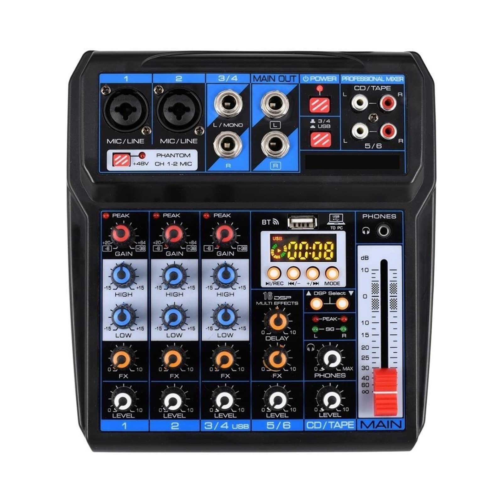 Mikser audio, AG-PS6 DC 5V Karta dźwięku płyty komputerowej Bluetooth USB Nagraj 6 kanał 2 Mono stereo 16 efektów cyfrowych mikser audio(AM-PSM U-S)