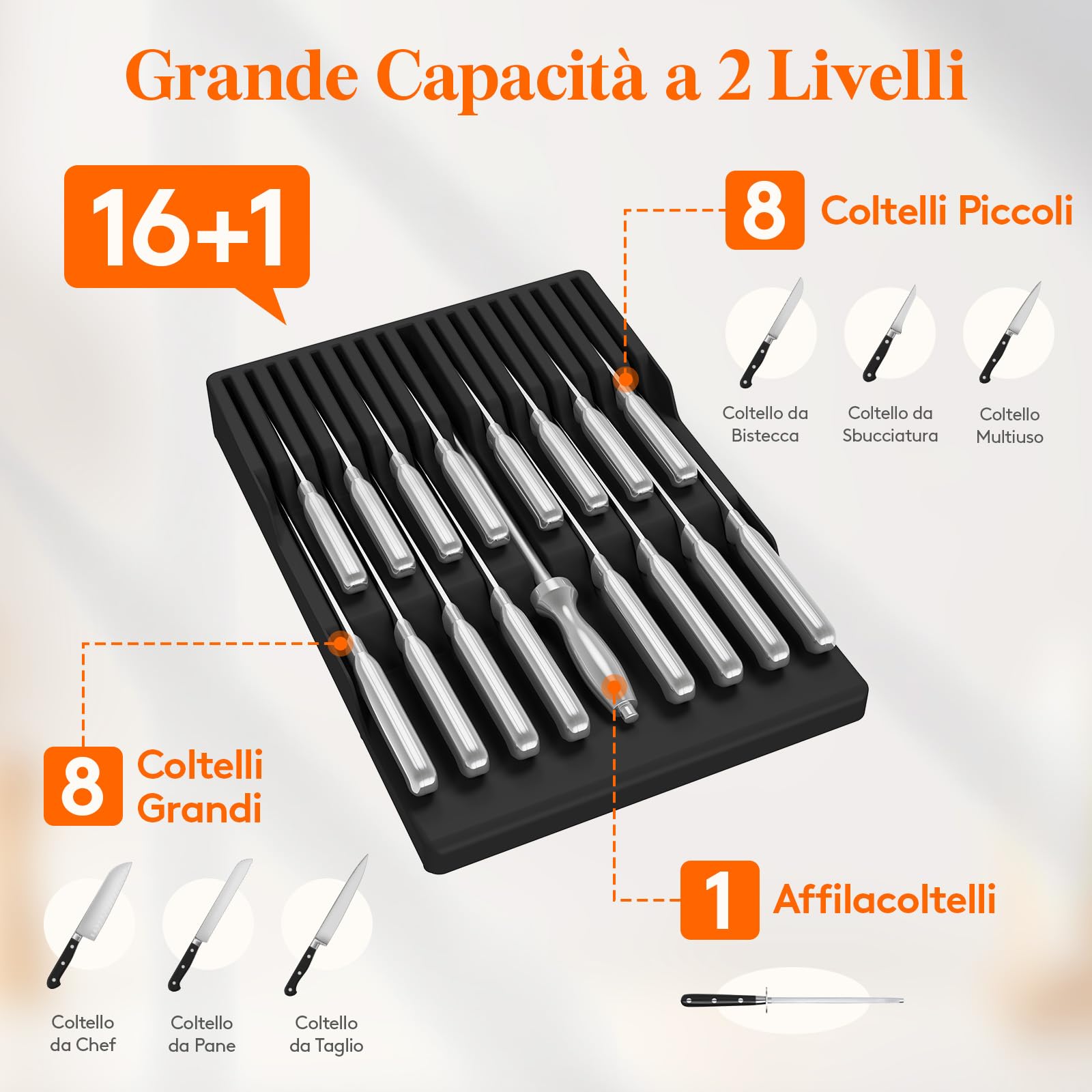 Lifewit Organizer Coltelli da Cassetti, Magnetico Porta Posate Cucina per 16 Knives e 1 Acciaio per Affilatura (non Incluso), Set di Supporto in Plastica per Coltelli da Chef, Grande, Nero