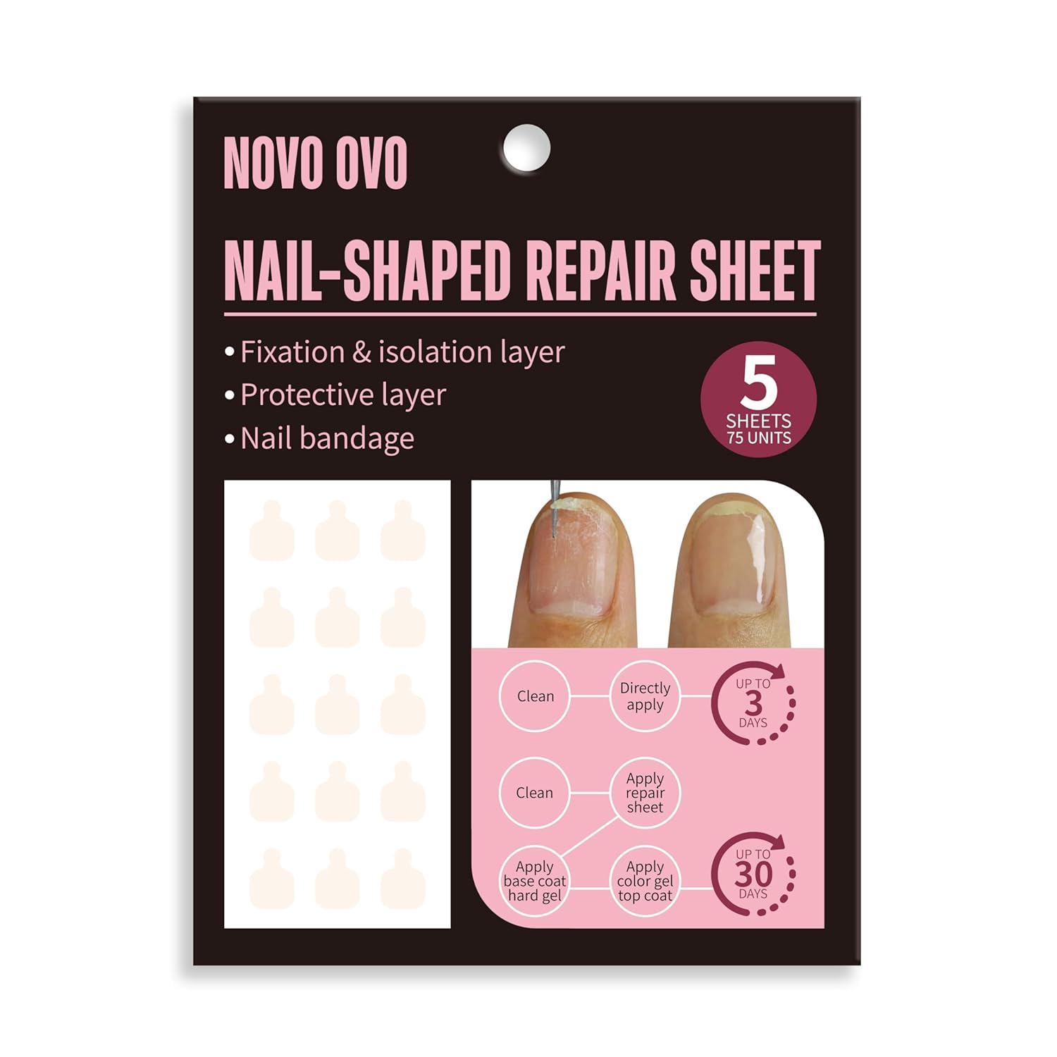 NOVO OVO Pre-cut Nail Repair Sheets, Fixation & isolation layer, Bandage for Broken Nail-Surface, Recovery Protective layer for Acrylic, Invisible Instant and Easy to use 75 units