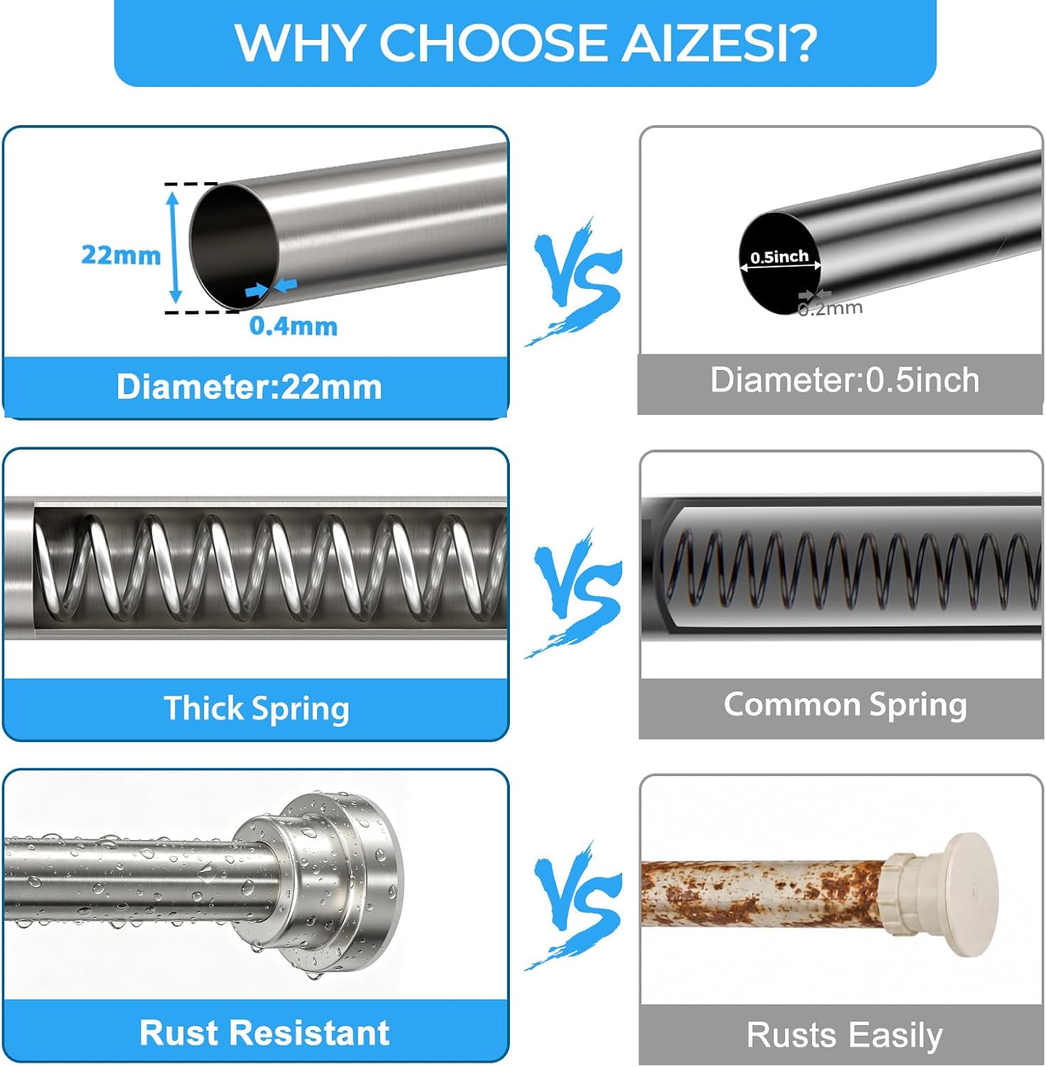 AIZESI StainlessSteel Shower Curtain Rod 31-76" Adjustable Rods No Drill