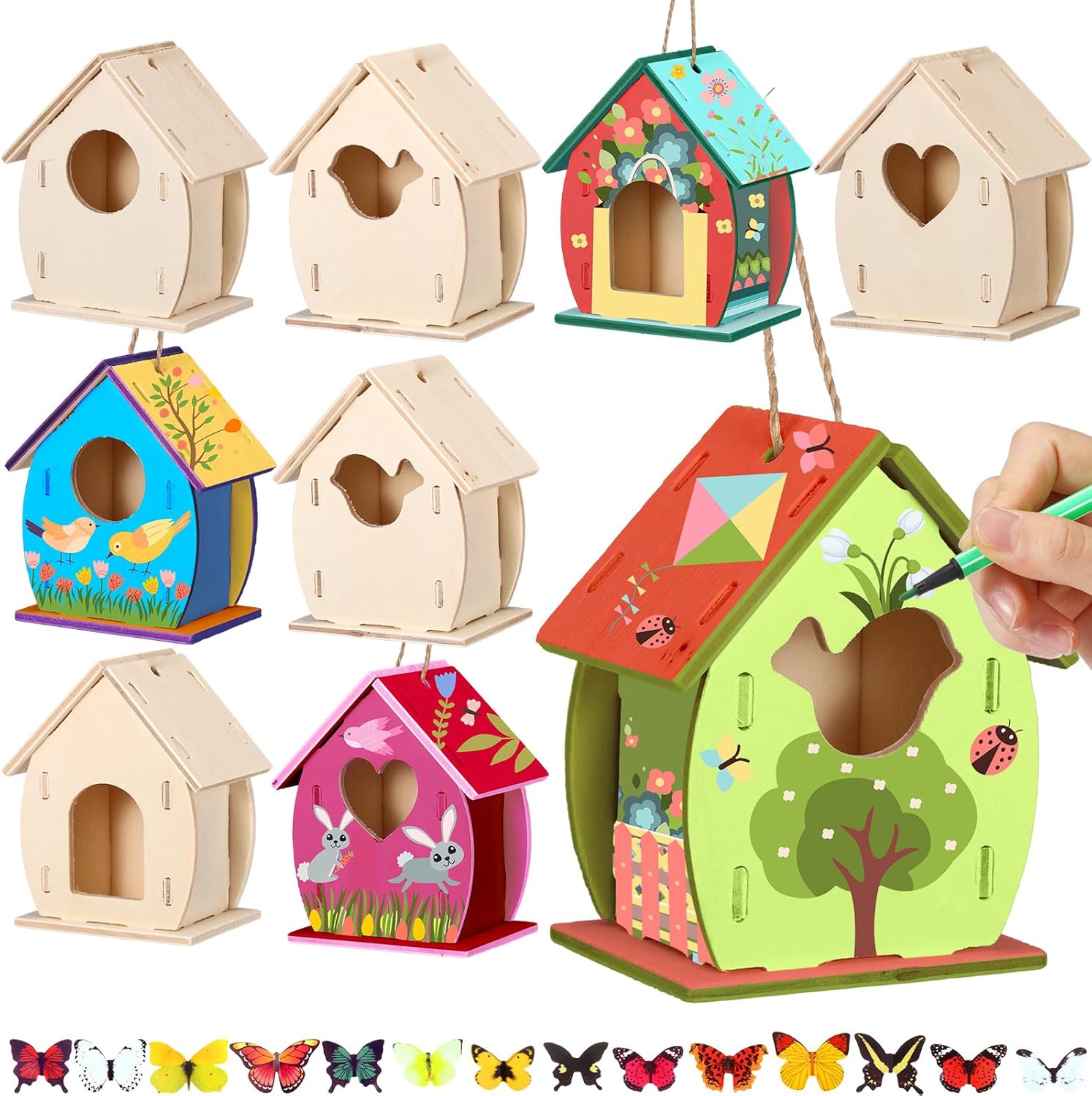 Outus 12 Pcs 5 × 7 Inch DIY Wooden Birdhouse Kit for Kids, Art Painting Bird House Craft Kit Unfinished Bird House Craft for Easter, Kids with Butterfly Sticker Gift 4 Shapes Summer Arts (Exquisite)