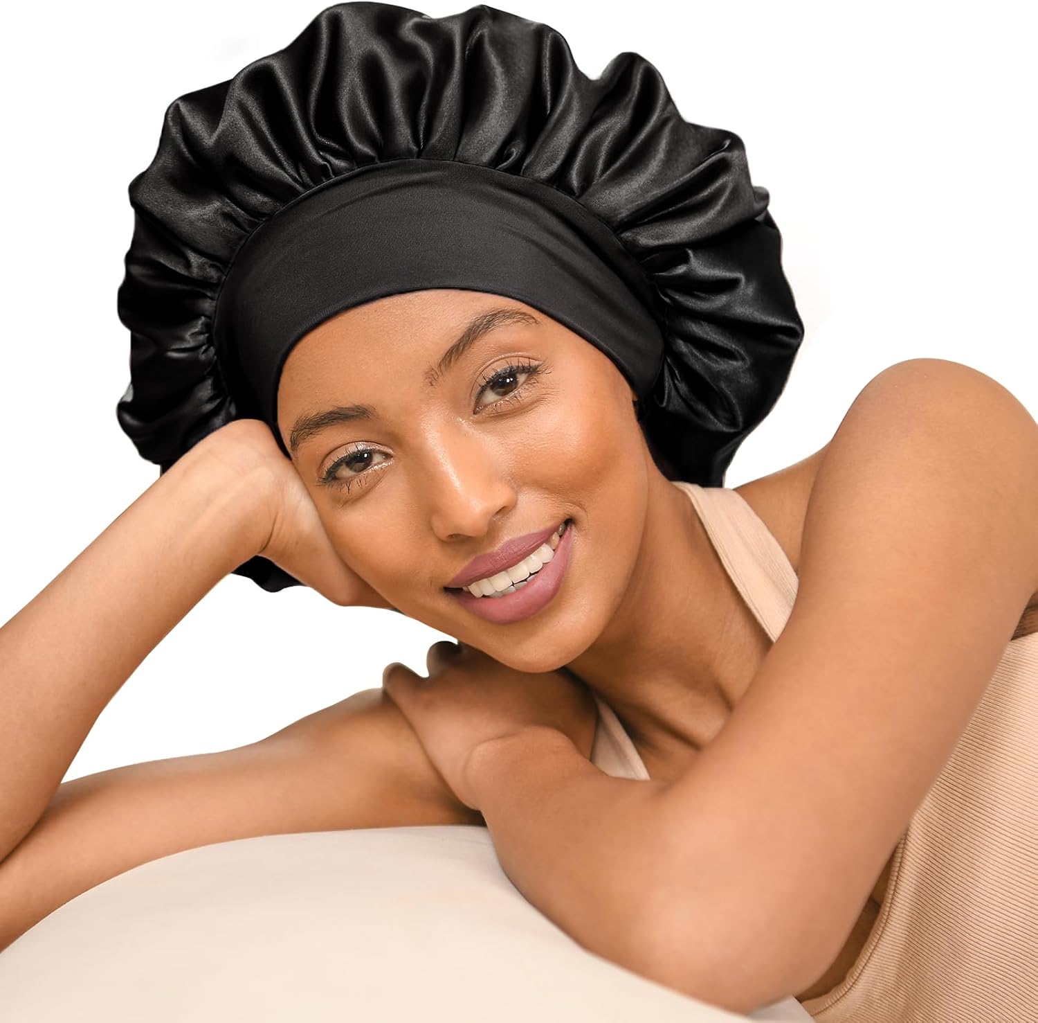 YANIBEST Satin Bonnet for Sleeping Women Double Layer Hair Silk Bonnets for Sleeping with Elastic Band (Black) Thumbnail