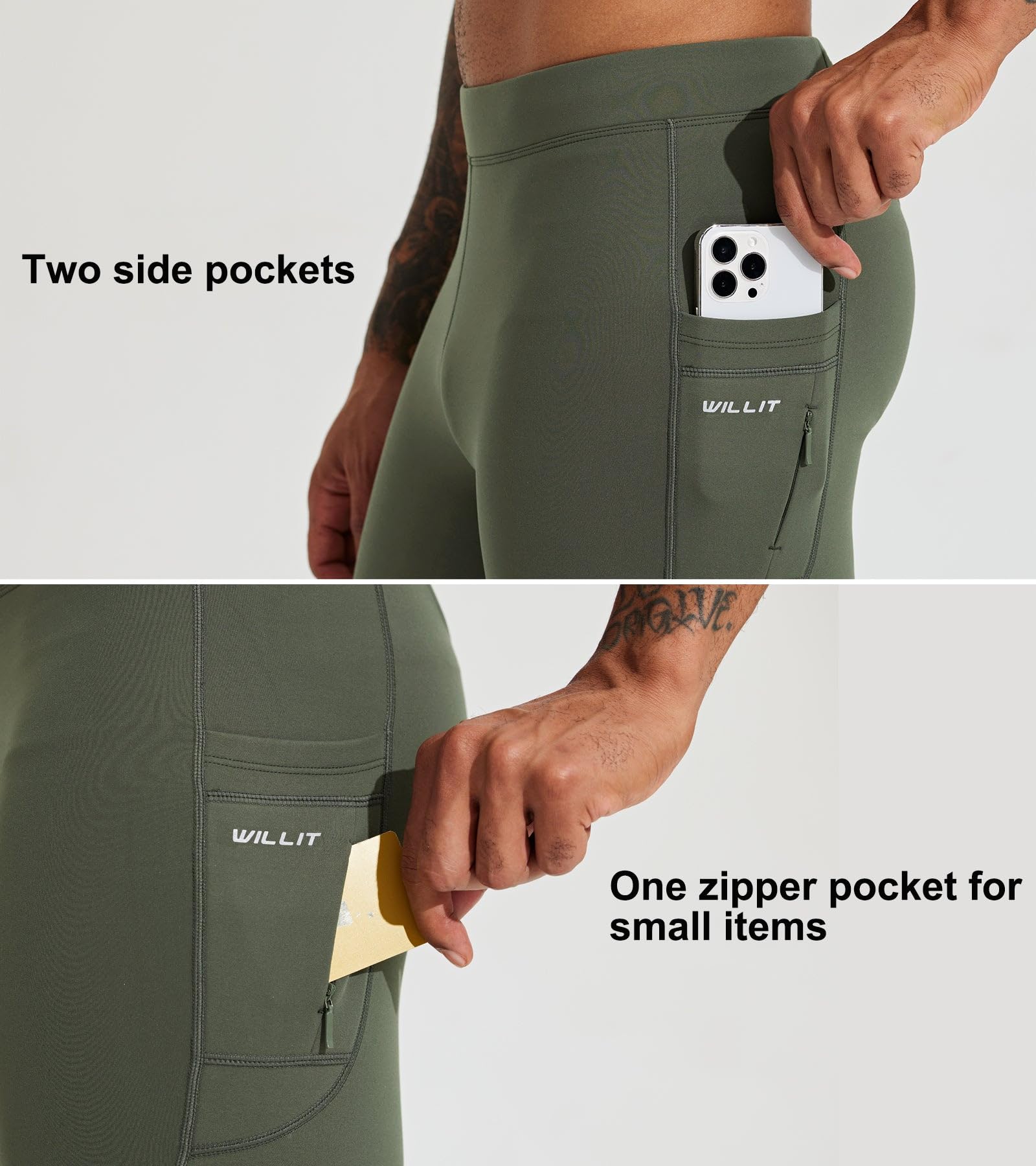 Willit Mallas térmicas para correr para hombre, pantalones de forro polar, resistentes al agua, bolsillos con cremallera, equipo para clima frío