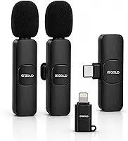 Microfone de Lapela Sem Fio Duplo com 2 Microfones – Compatível com iPhone e Android, USB-C e Lightning – Redução de Ruído para Vídeos, Lives, Entrevistas e Aulas