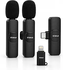 Microfone de Lapela Sem Fio Duplo com 2 Microfones – Compatível com iPhone e Android, USB-C e Lightning – Redução de Ruído para Vídeos, Lives, Entrevistas e Aulas
