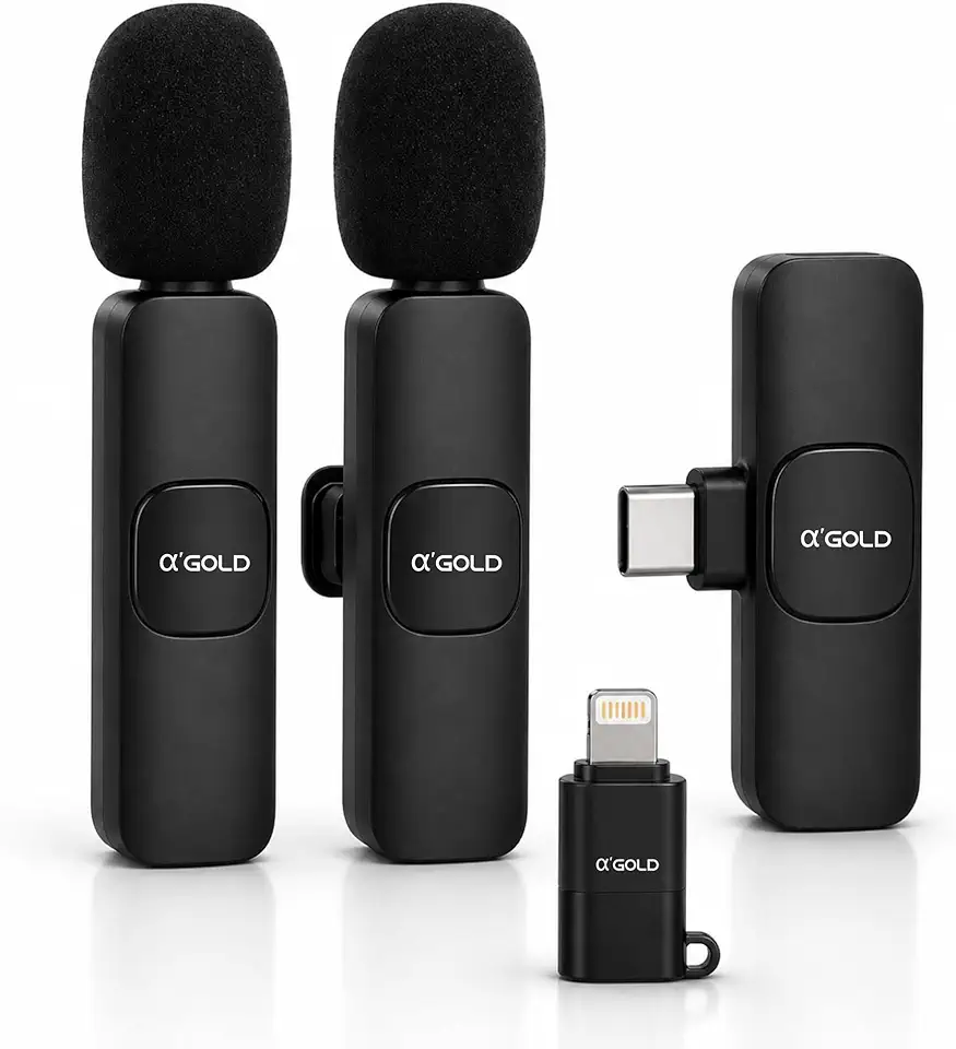 Microfone de Lapela Sem Fio Duplo com 2 Microfones – Compatível com iPhone e Android, USB-C e Lightning – Redução de Ruído para Vídeos, Lives, Entrevistas e Aulas