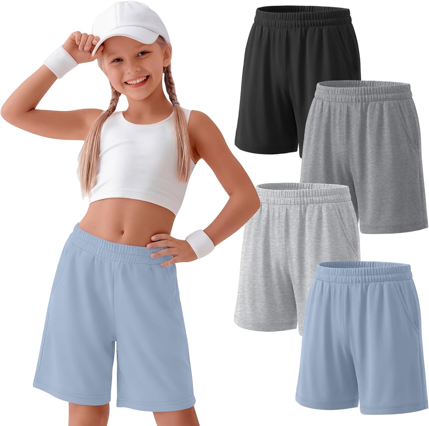 4 Pack Girls Bermuda Shorts Knee Length Straight Leg Athletic Shorts Kids Elastic Waist Summer Loose Long Shorts