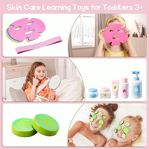 Miniatura 9 de WHOHOLL Juego de juguetes de maquillaje de madera, juguetes de salón de belleza, juguetes de aprendizaje para el cuidado de la piel para niños